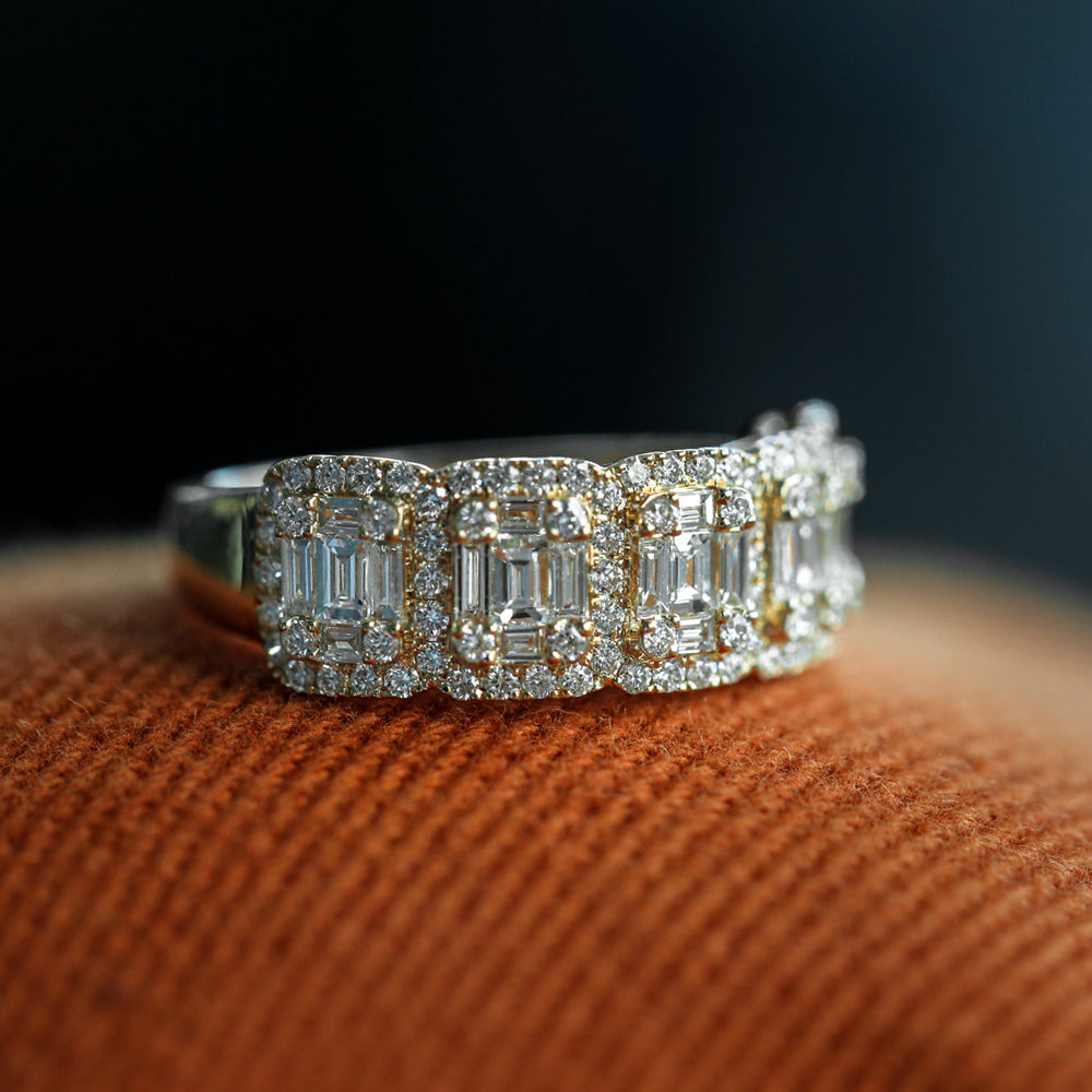 14k Baguette and Round Halo Diamond Ring
