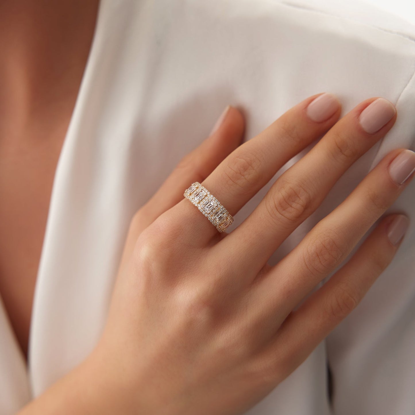 14k Baguette and Round Halo Diamond Ring
