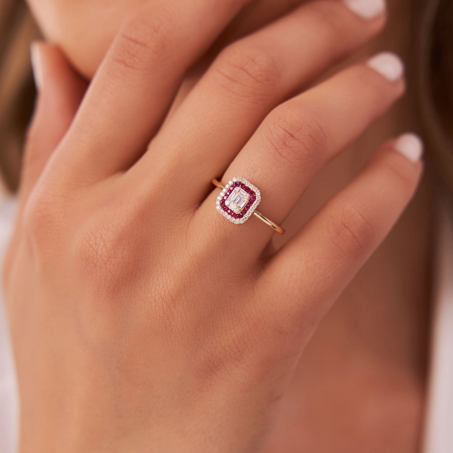 14k Baguette and Round Ruby Ring with Halo Setting