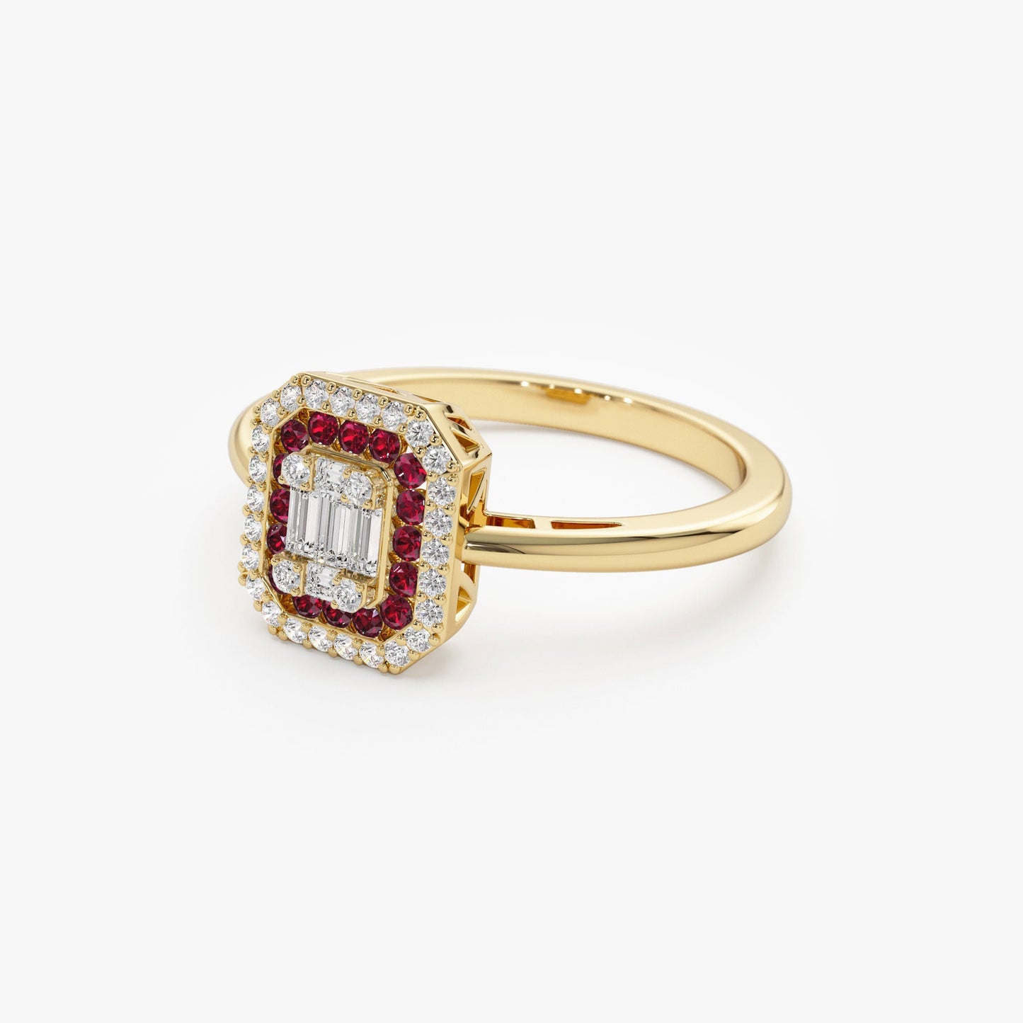 14k Baguette and Round Ruby Ring with Halo Setting - Geum Jewels
