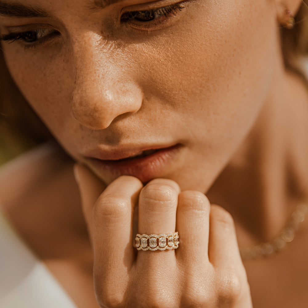 14k Baguette Diamond Ring in Halo Setting