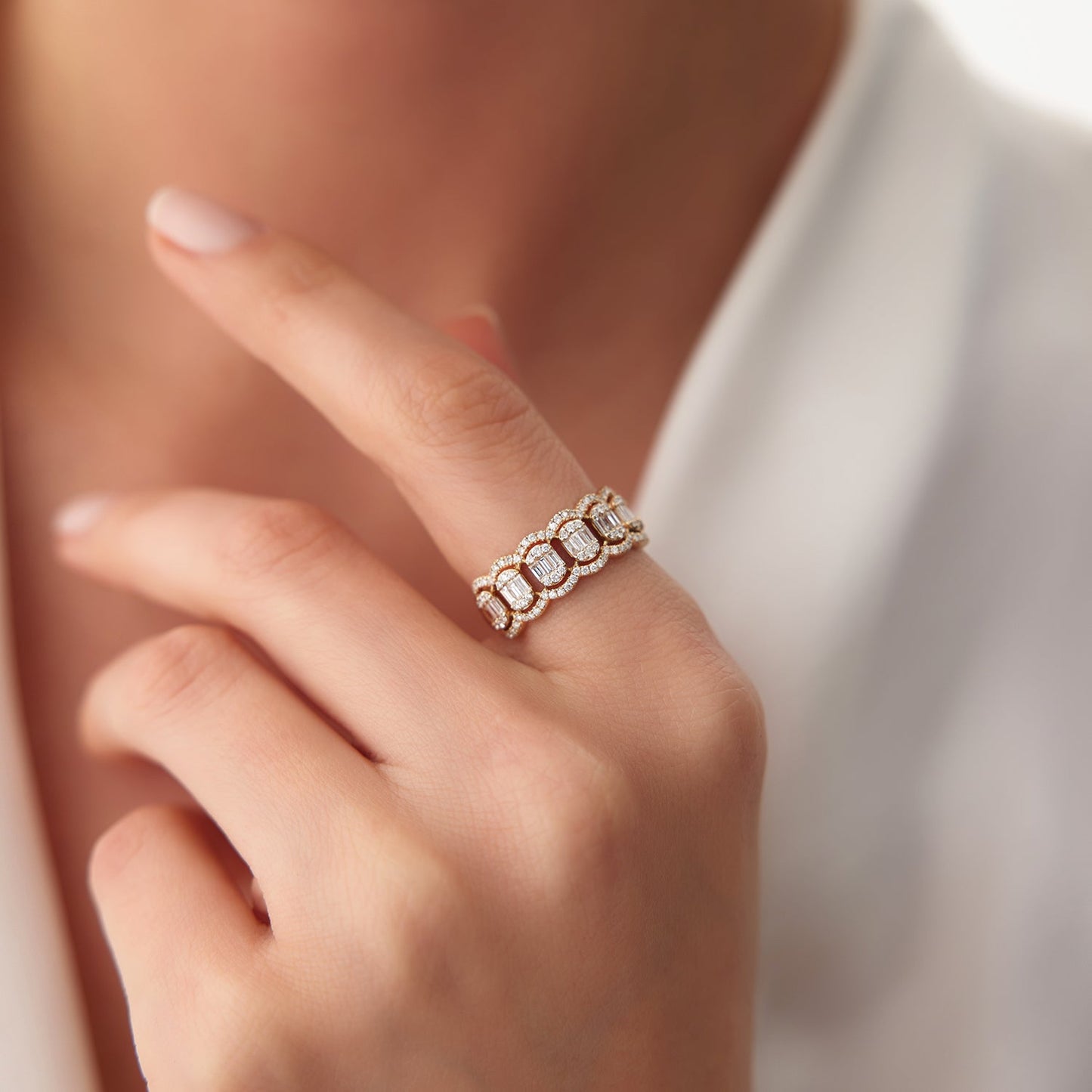 14k Baguette Diamond Ring in Halo Setting