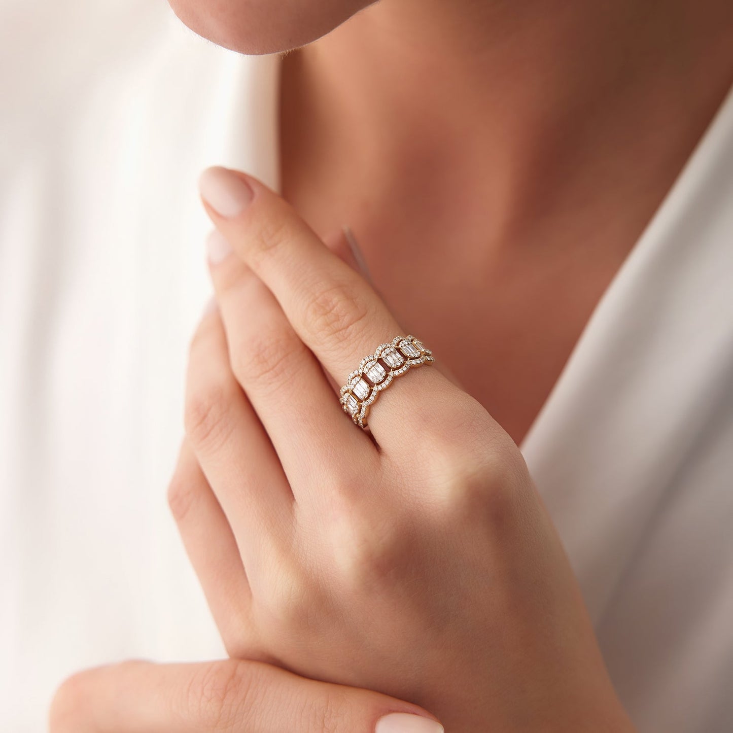 14k Baguette Diamond Ring in Halo Setting