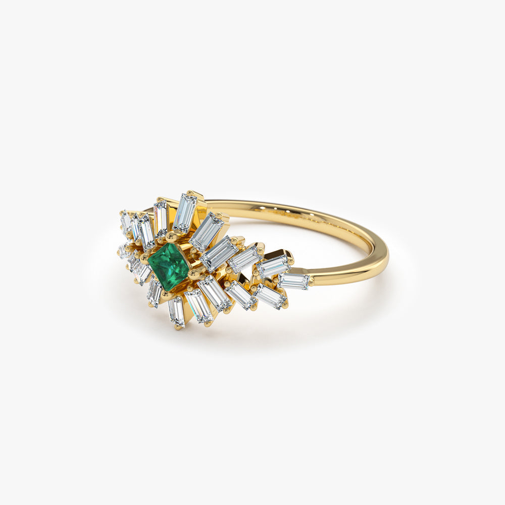 14K Baguette Diamond Ring with a Square Emerald - Geum Jewels