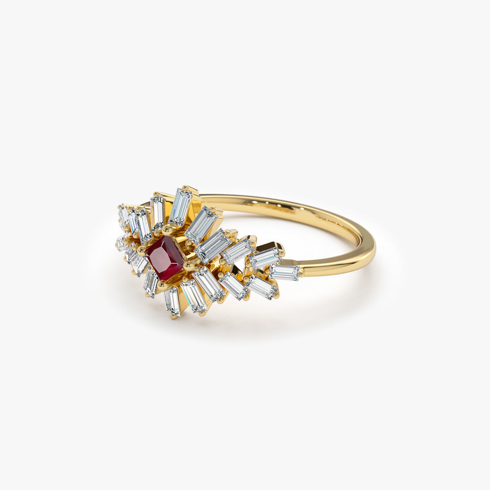 14K Baguette Diamond Ring with a Square Ruby - Geum Jewels