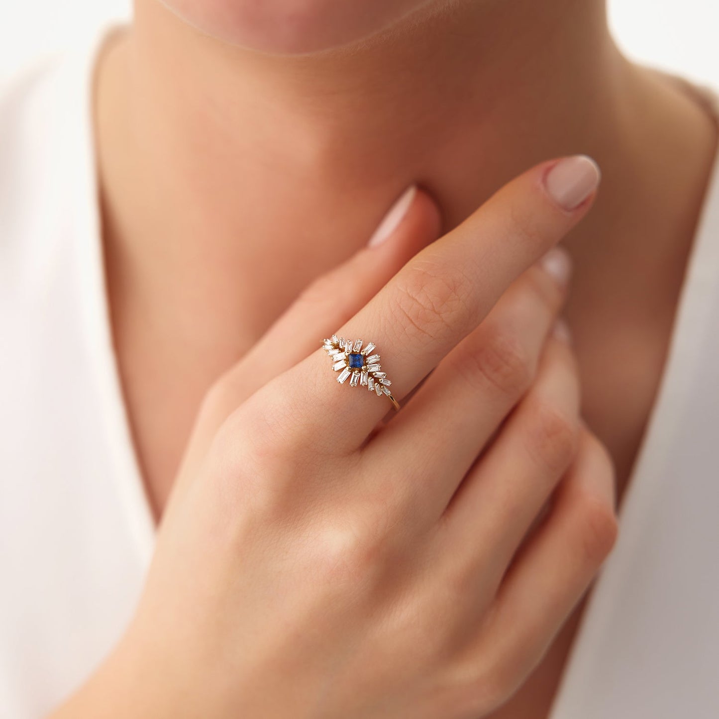 14K Baguette Diamond Ring with Square Sapphire