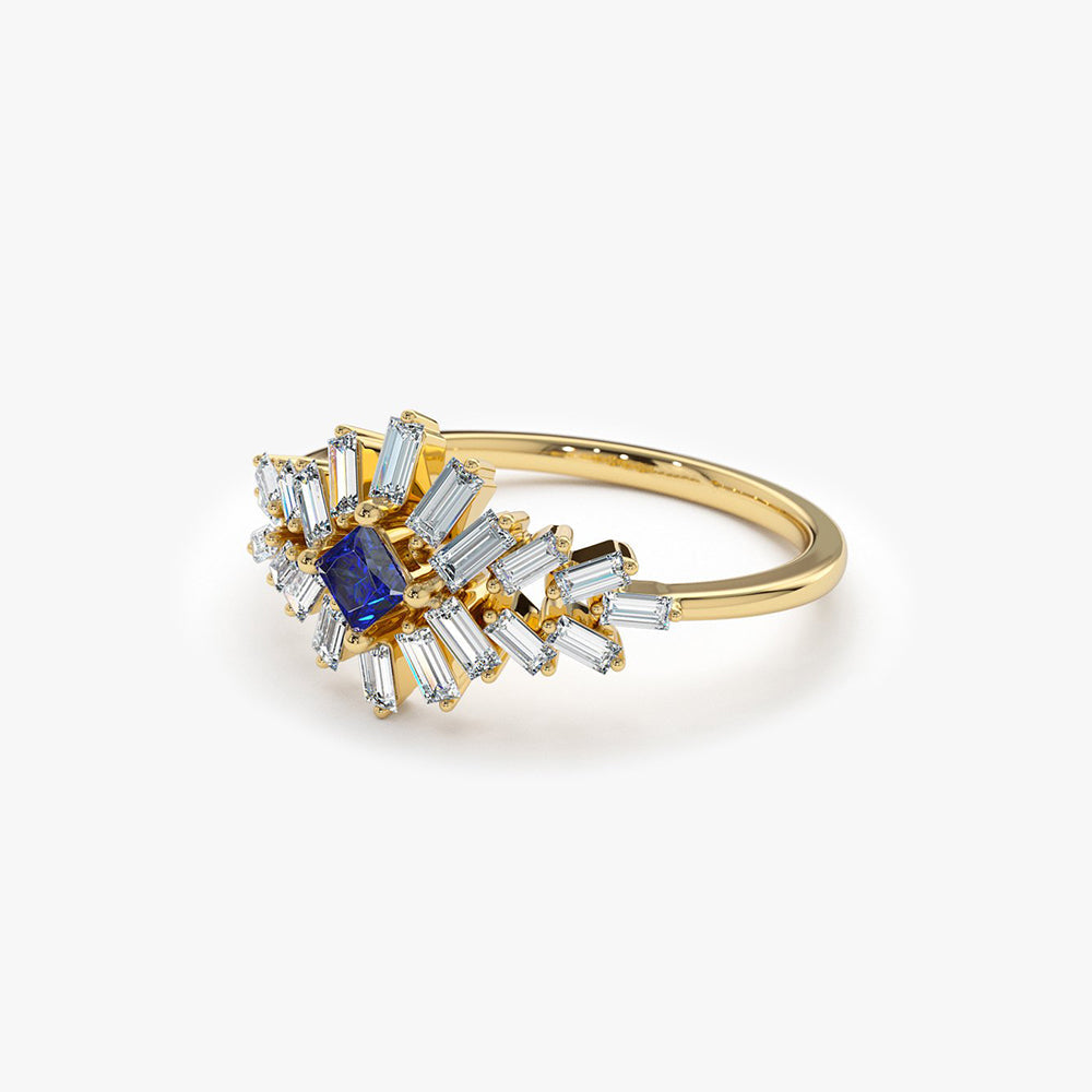 14K Baguette Diamond Ring with Square Sapphire - Geum Jewels