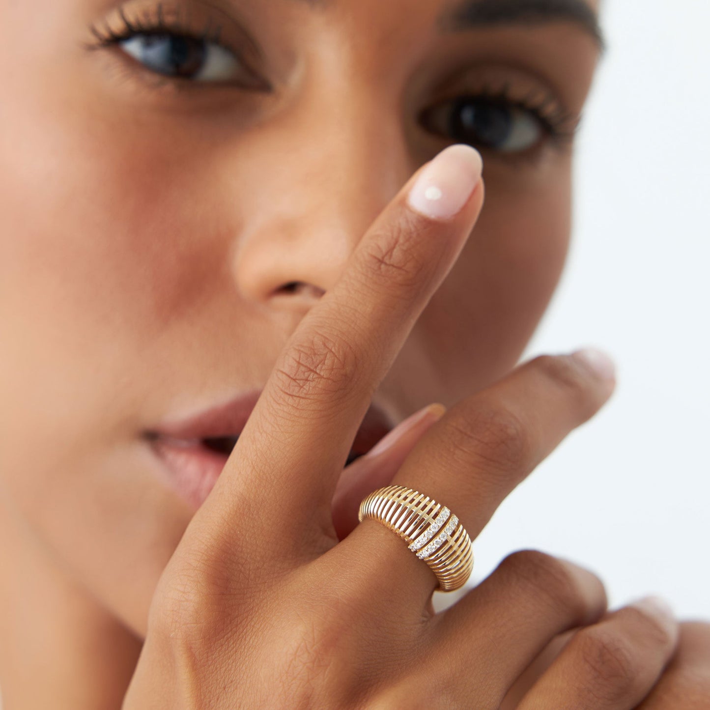 14K Diamond-Encrusted Ribbed Dome Statement Ring