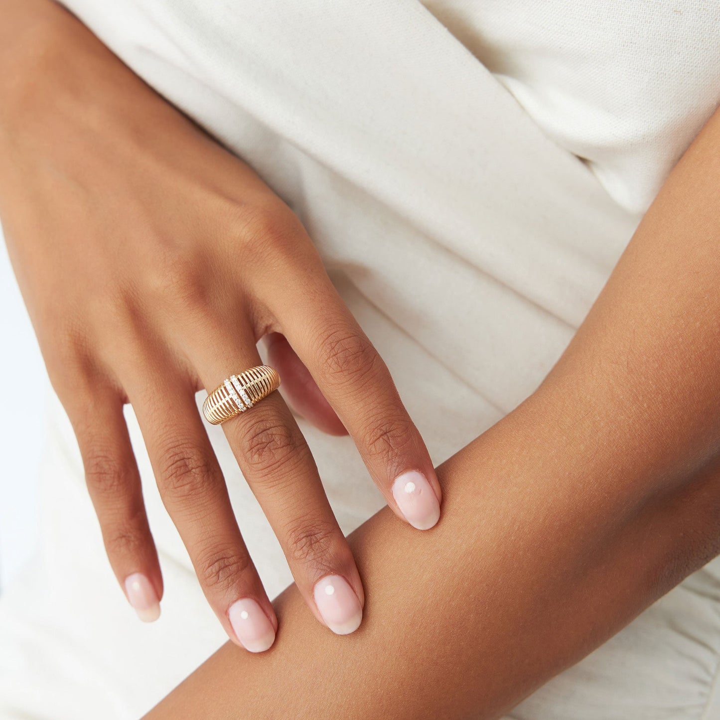 14K Diamond-Encrusted Ribbed Dome Statement Ring