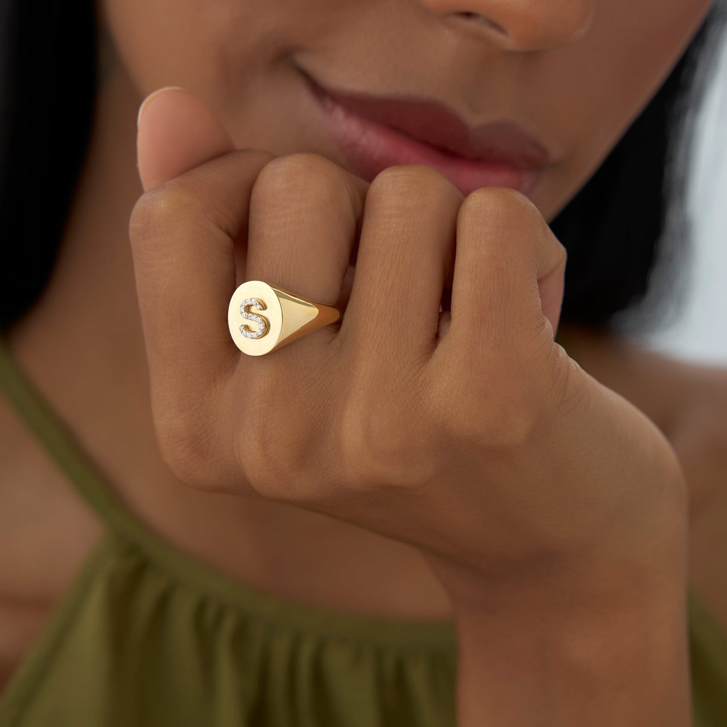 14K Diamond Letter Signet Ring