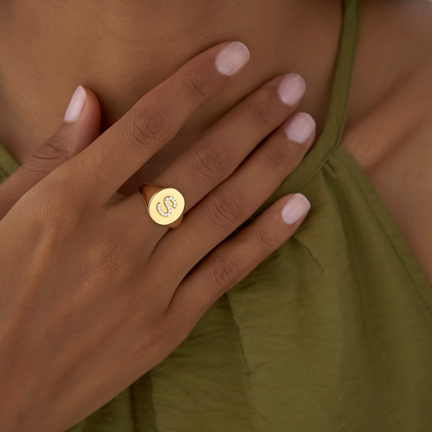 14K Diamond Letter Signet Ring