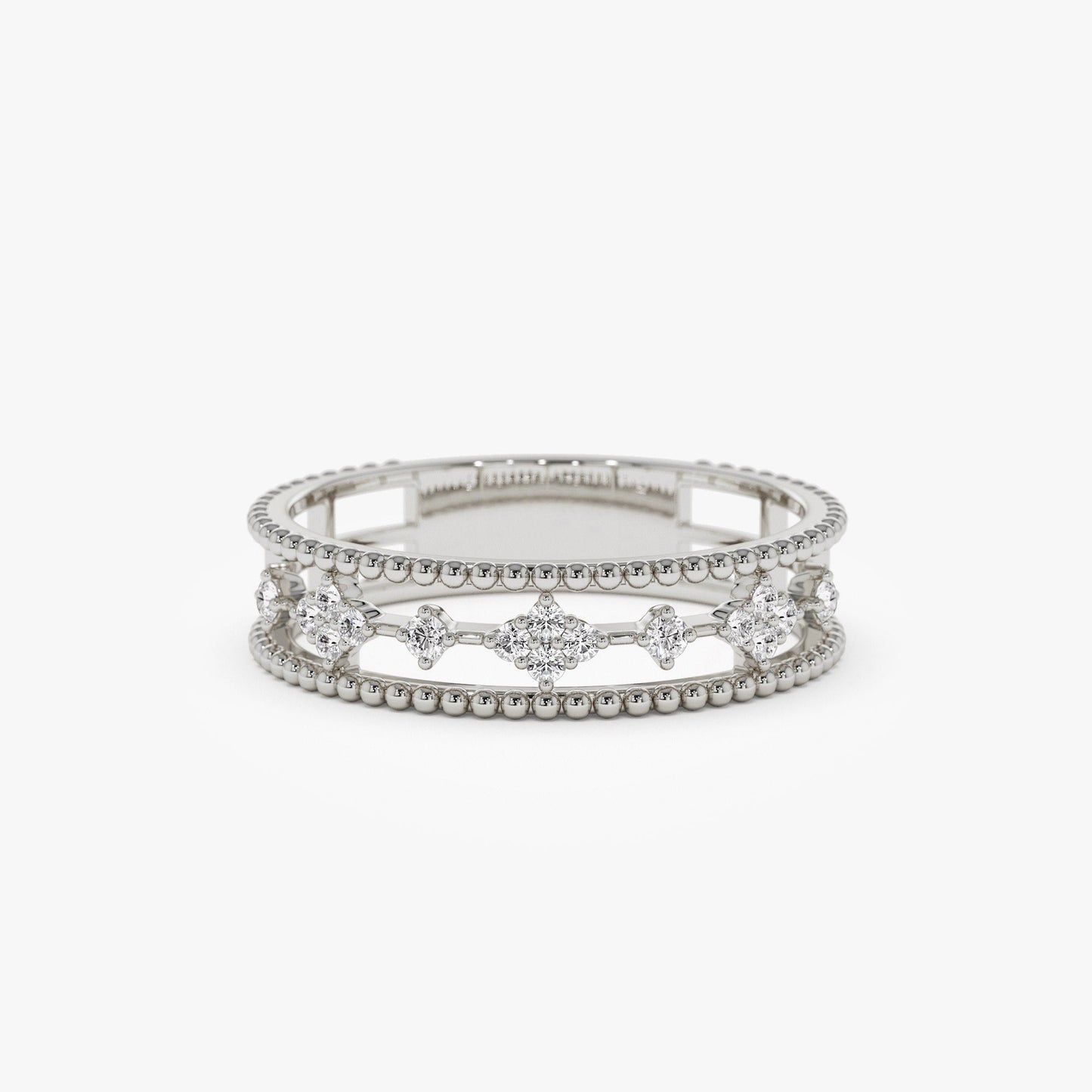14k Diamond Statement Ring with Beaded Band - Geum Jewels