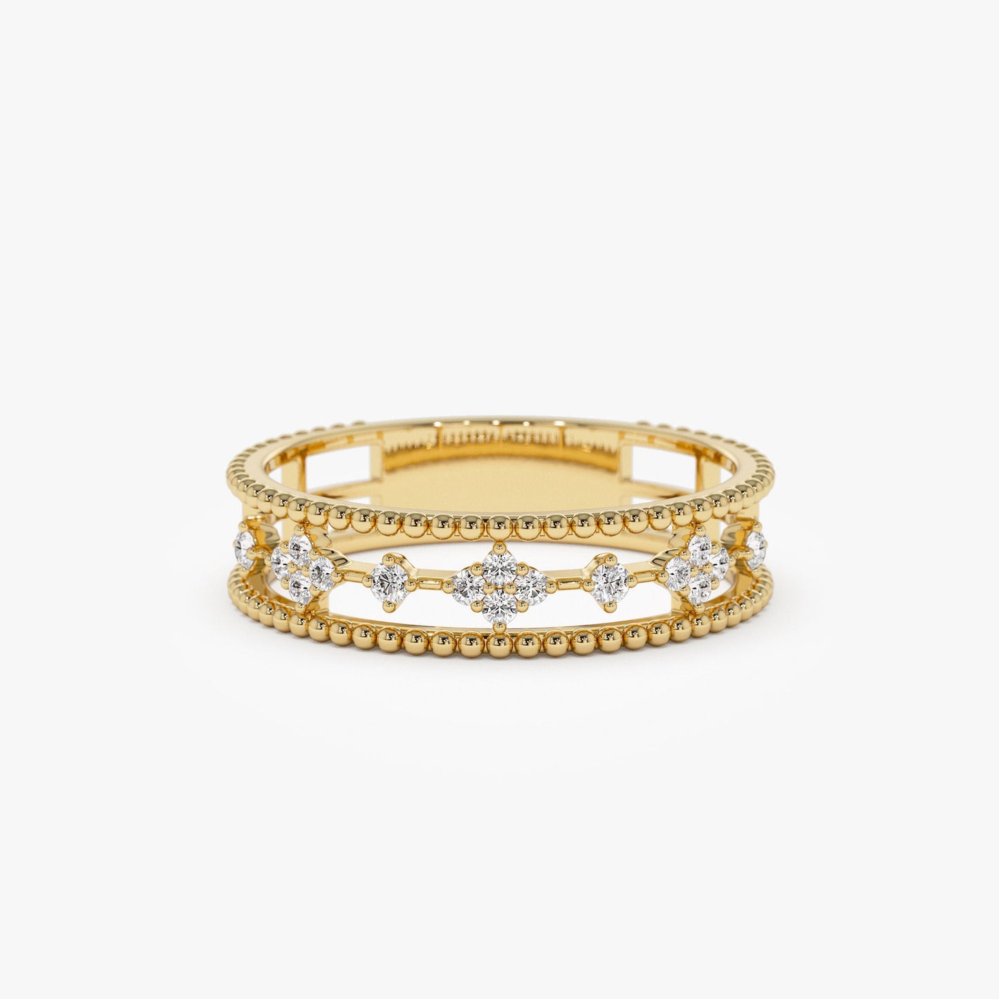 14k Diamond Statement Ring with Beaded Band - Geum Jewels