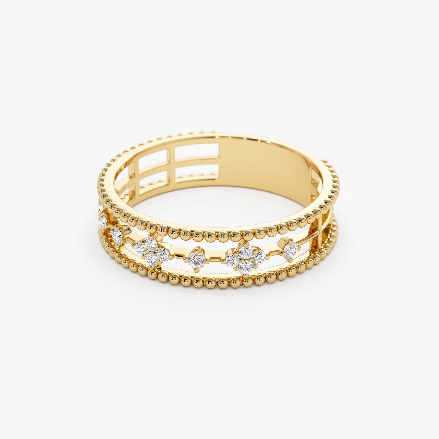 14k Diamond Statement Ring with Beaded Band - Geum Jewels