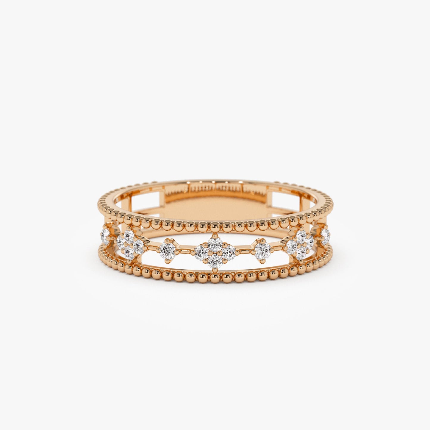 14k Diamond Statement Ring with Beaded Band - Geum Jewels