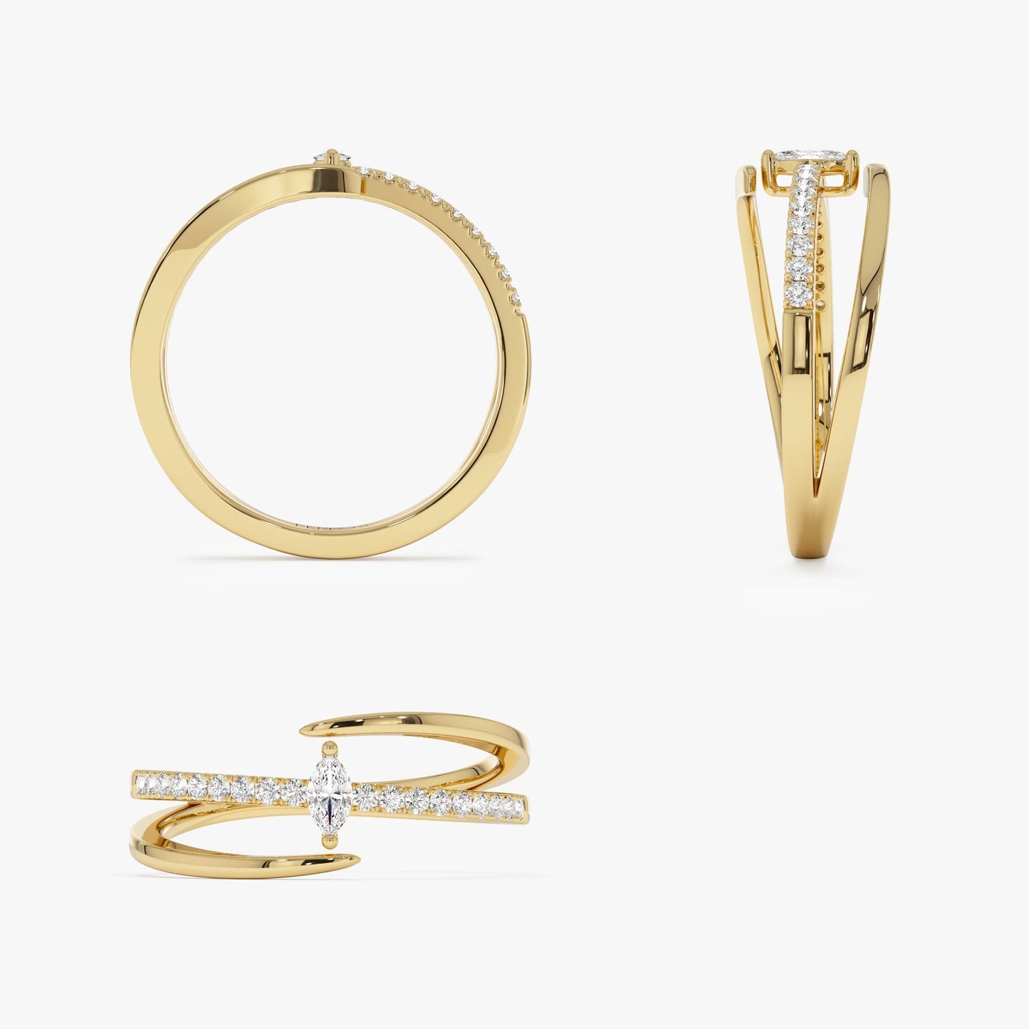 14K Double Band Marquise Diamond Ring with Pavé Accents
