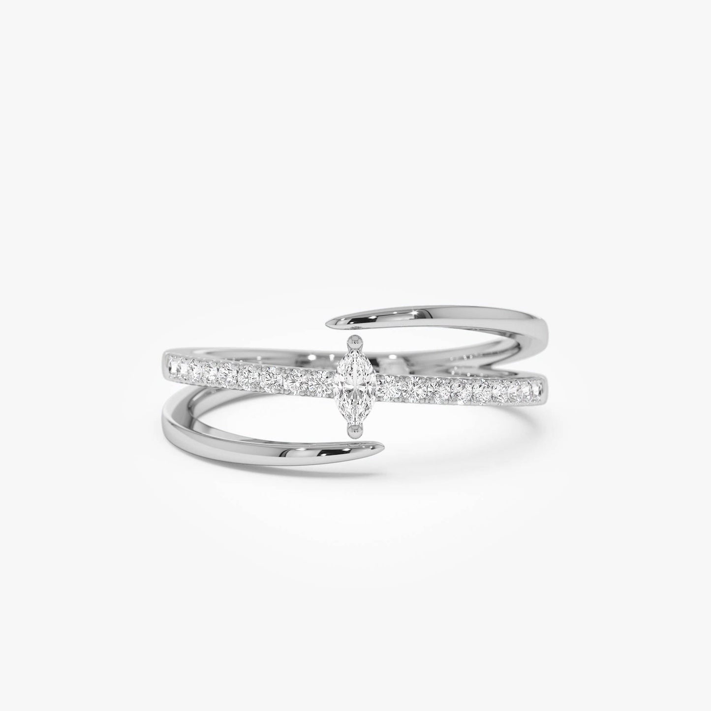 14K Double Band Marquise Diamond Ring with Pavé Accents - Geum Jewels