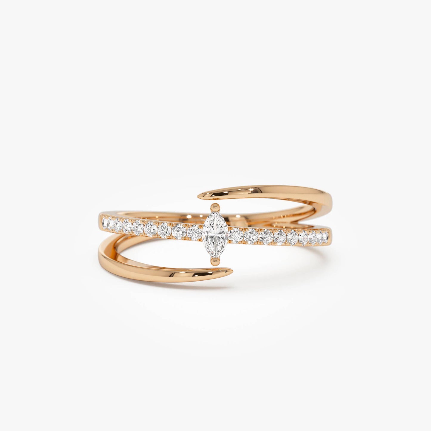 14K Double Band Marquise Diamond Ring with Pavé Accents - Geum Jewels