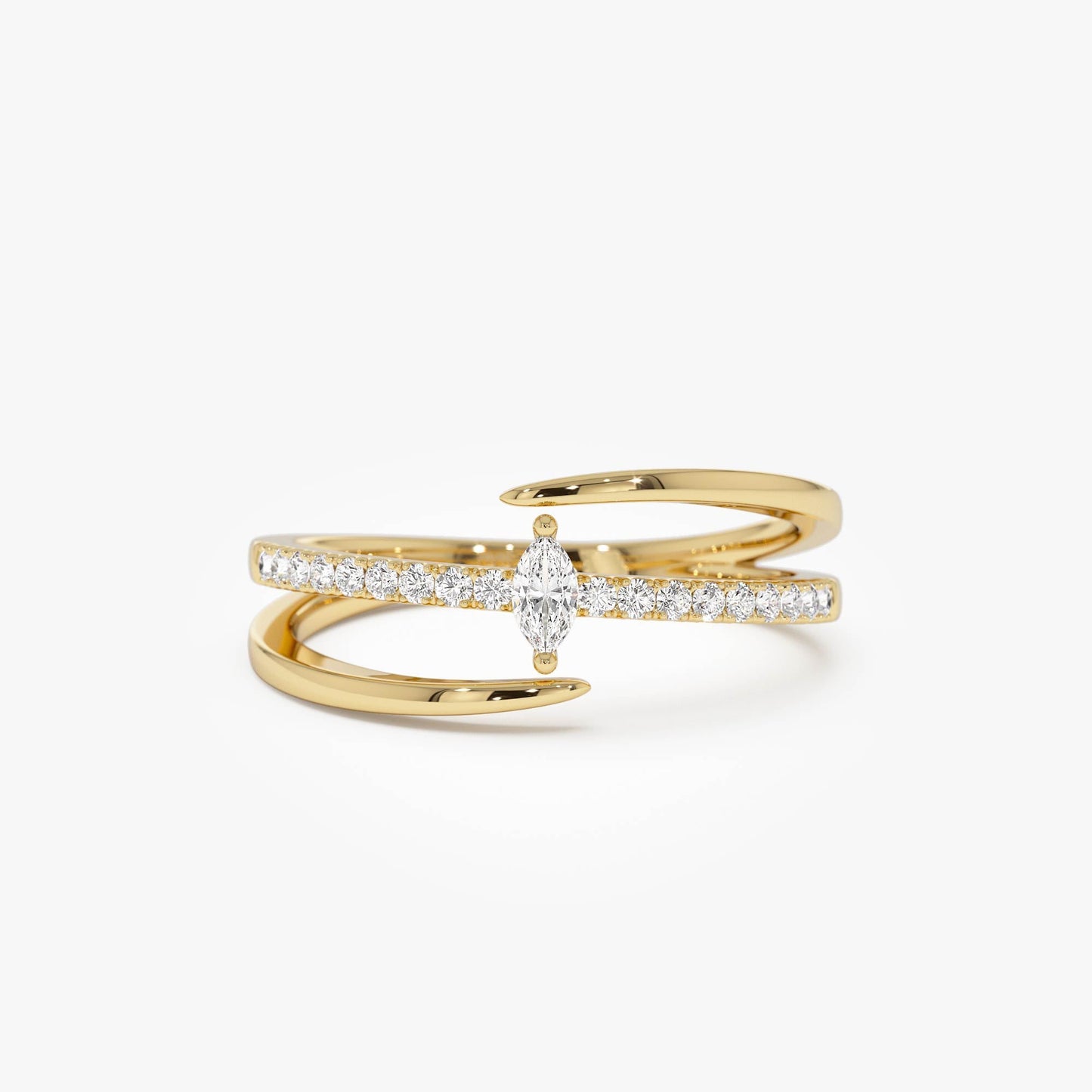 14K Double Band Marquise Diamond Ring with Pavé Accents - Geum Jewels