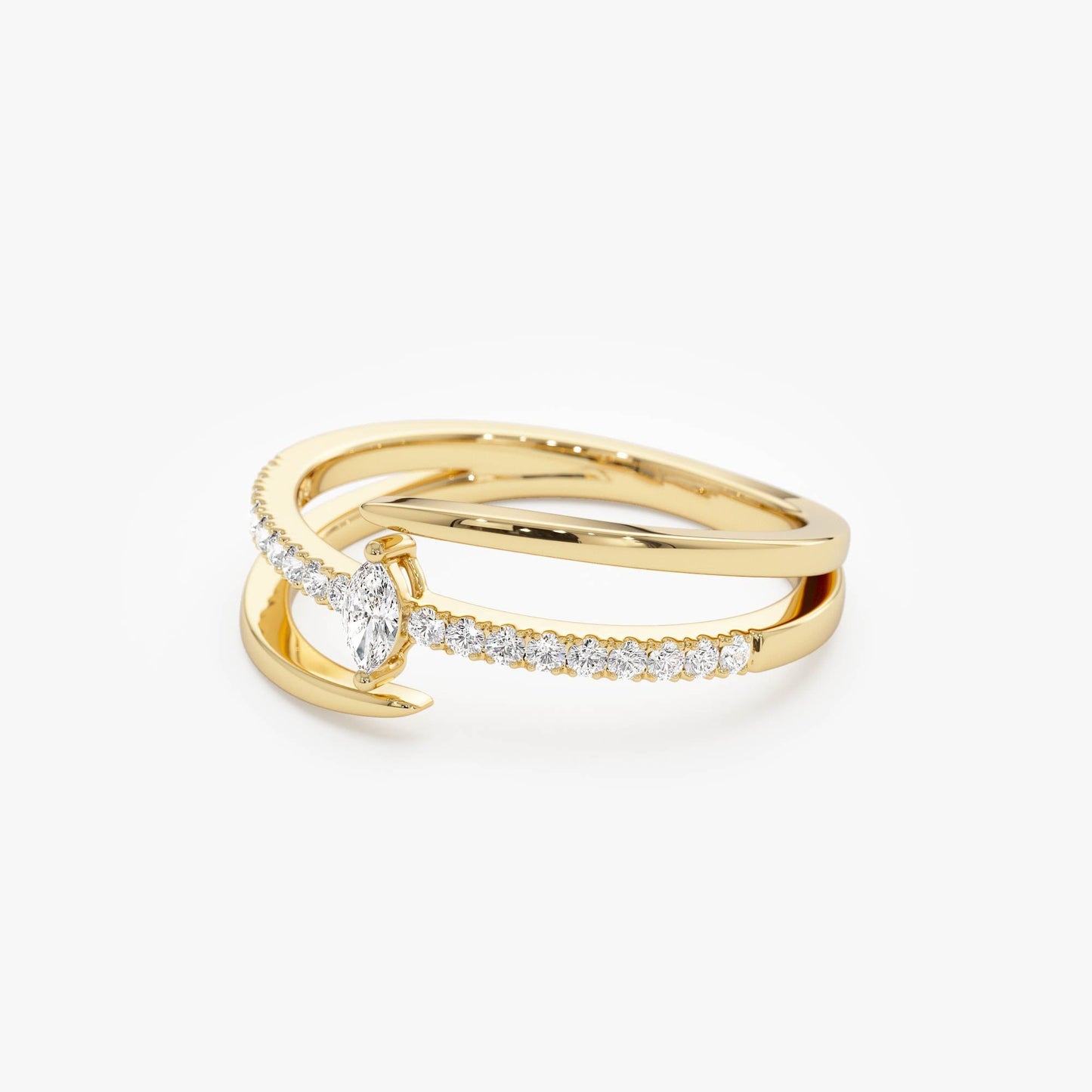 14K Double Band Marquise Diamond Ring with Pavé Accents - Geum Jewels