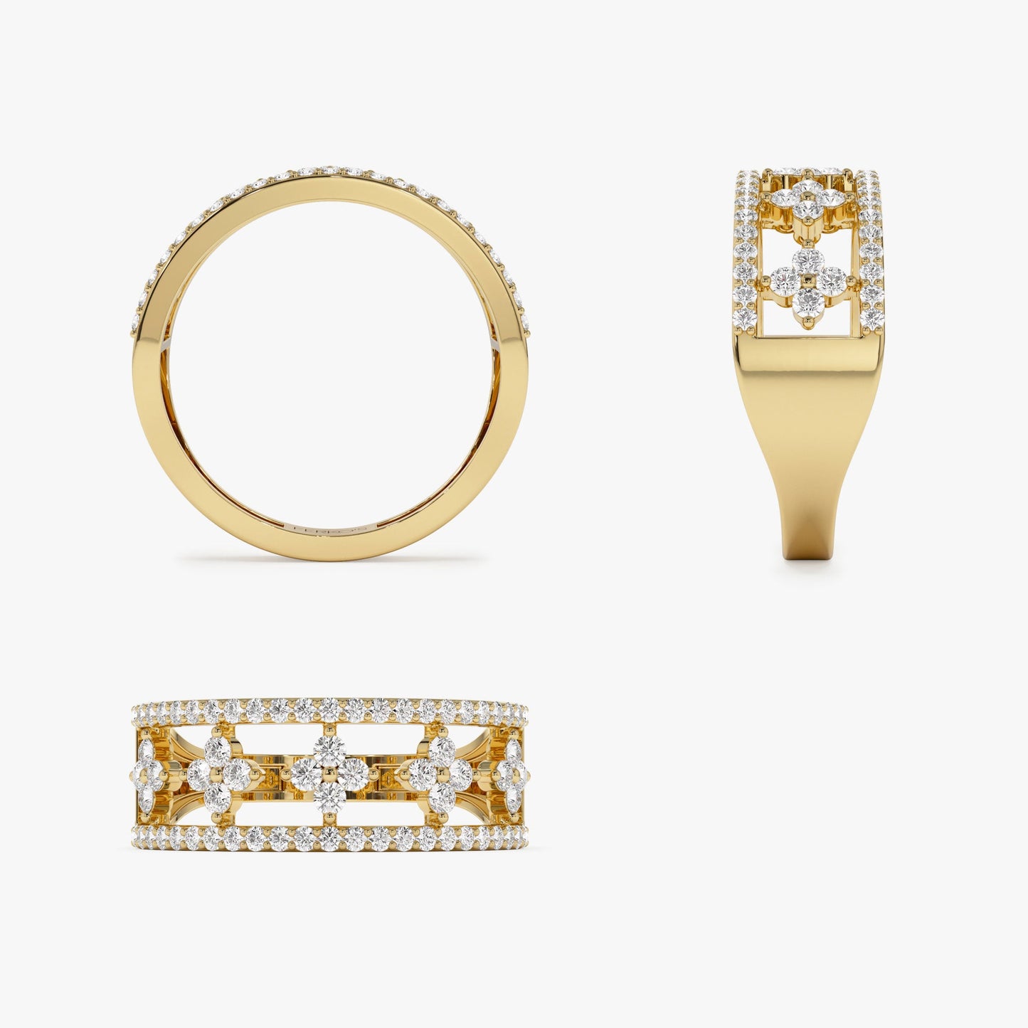 14k Double Row Pave Diamond Ring w/ Diamond Cluster Accents