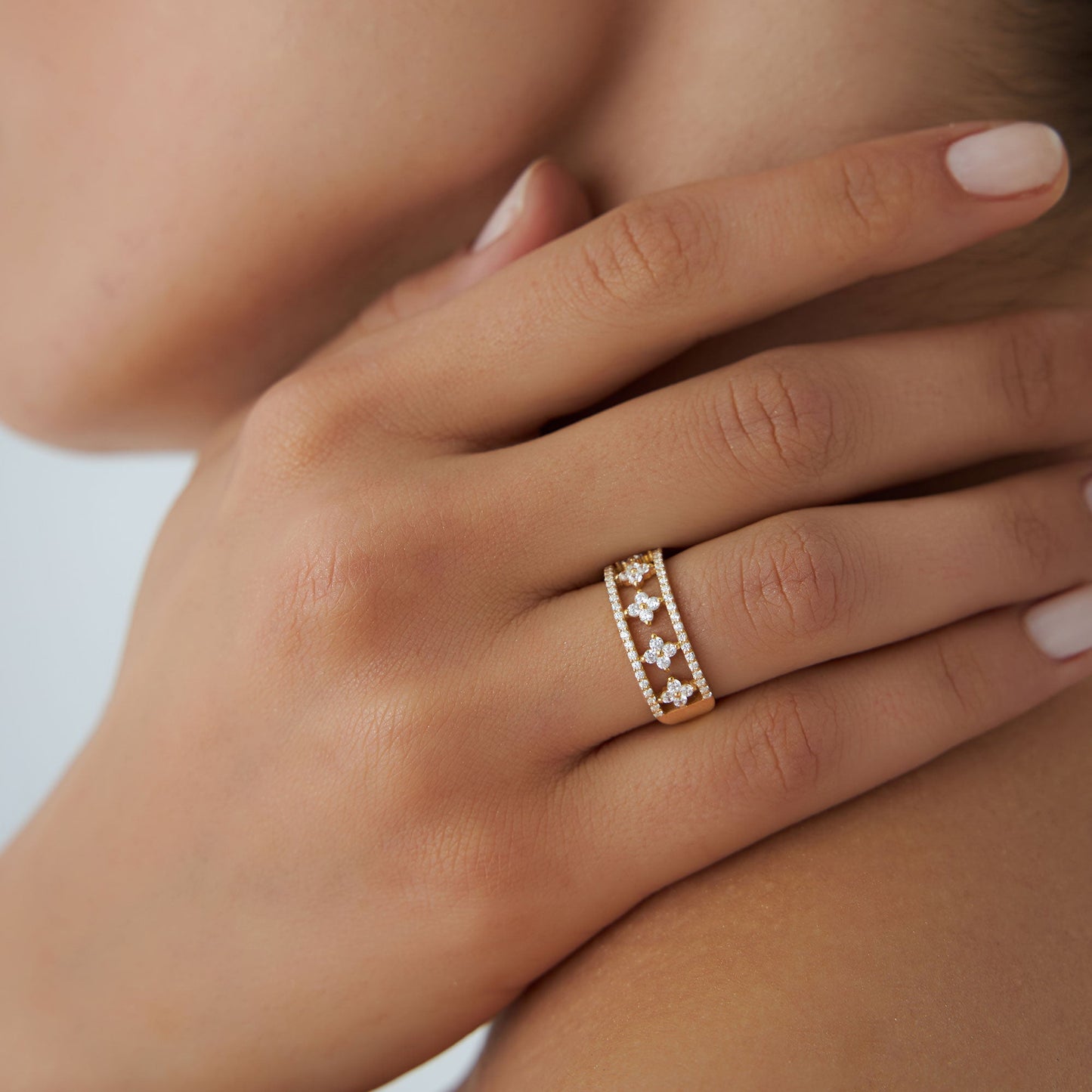 14k Double Row Pave Diamond Ring w/ Diamond Cluster Accents