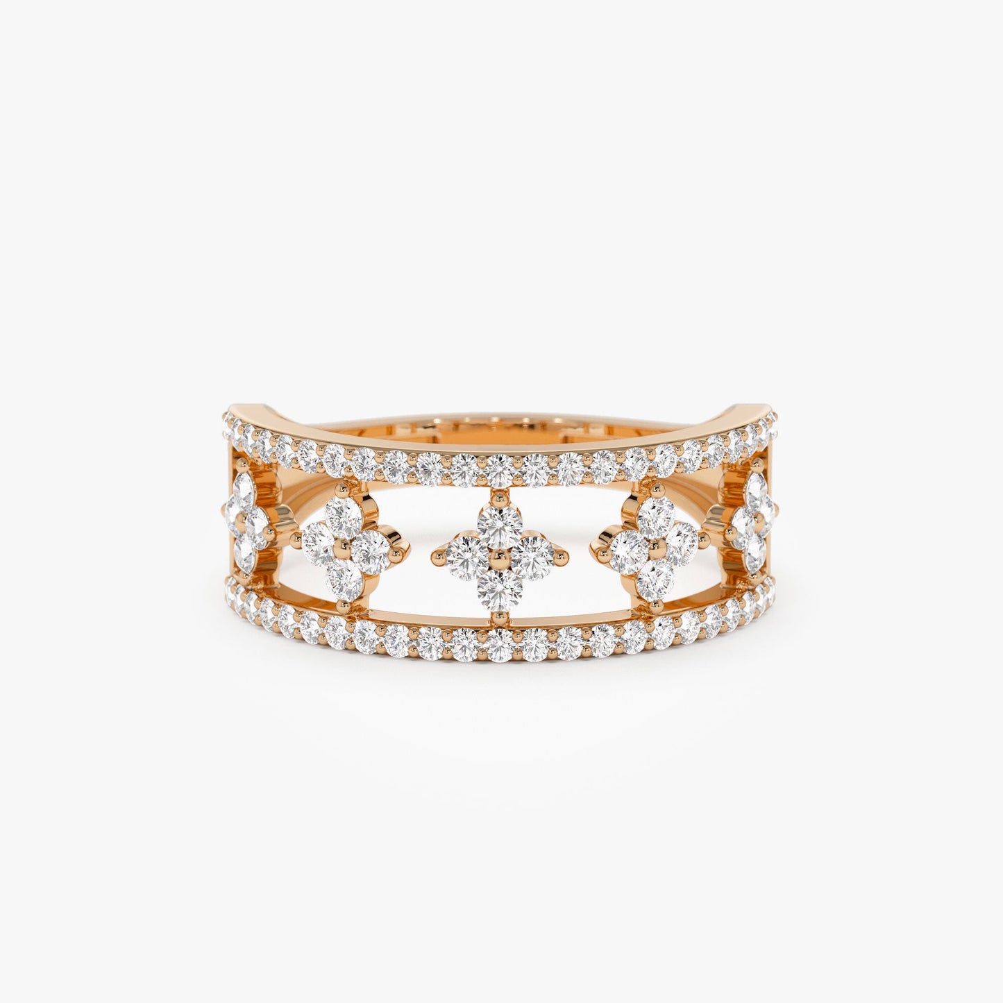 14k Double Row Pave Diamond Ring w/ Diamond Cluster Accents - Geum Jewels