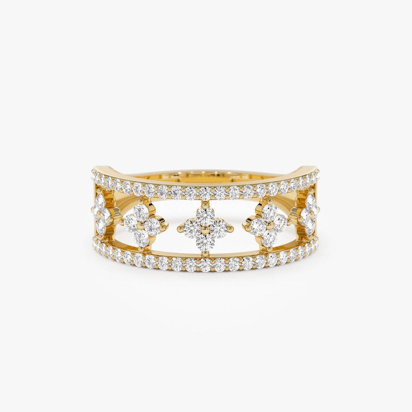 14k Double Row Pave Diamond Ring w/ Diamond Cluster Accents - Geum Jewels