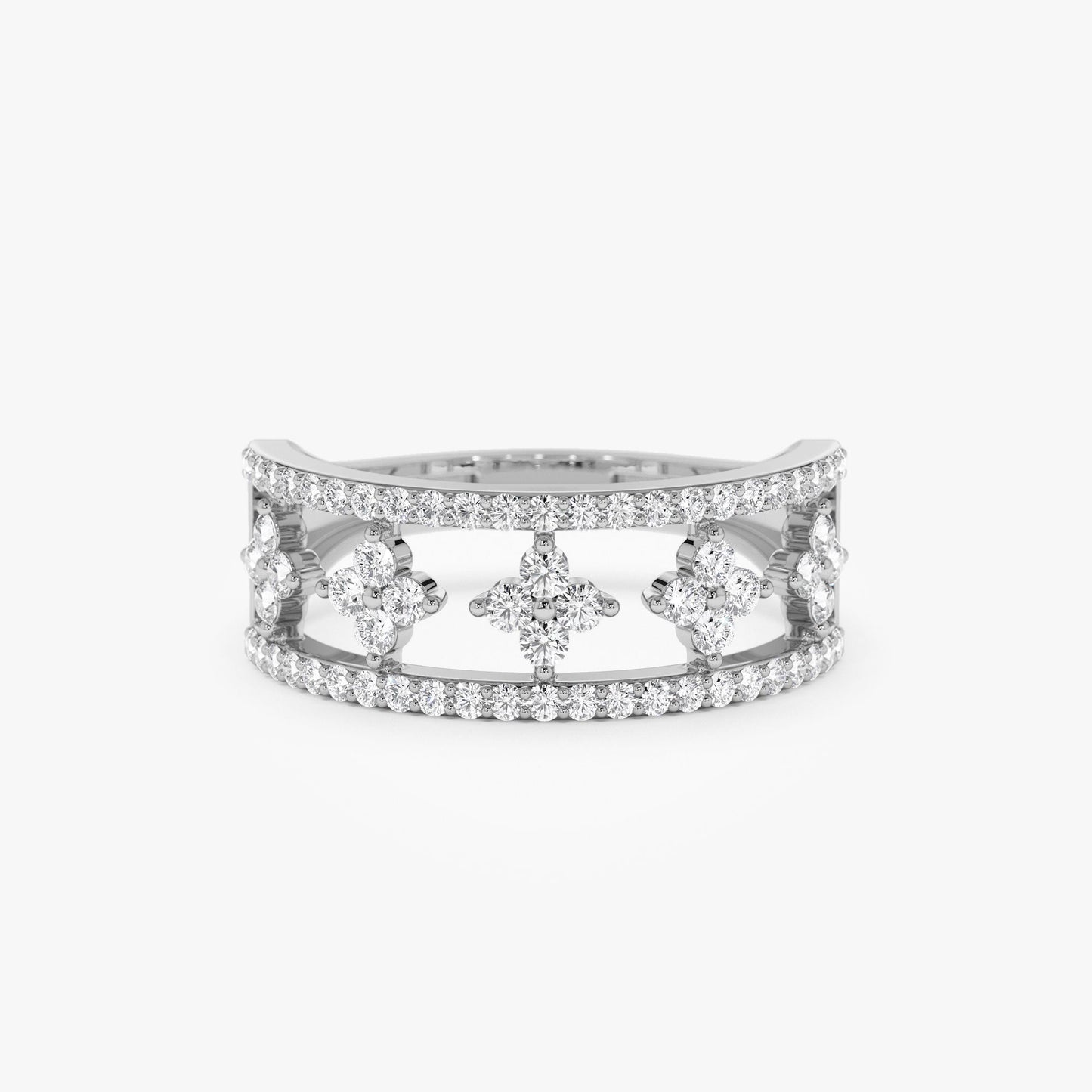 14k Double Row Pave Diamond Ring w/ Diamond Cluster Accents - Geum Jewels