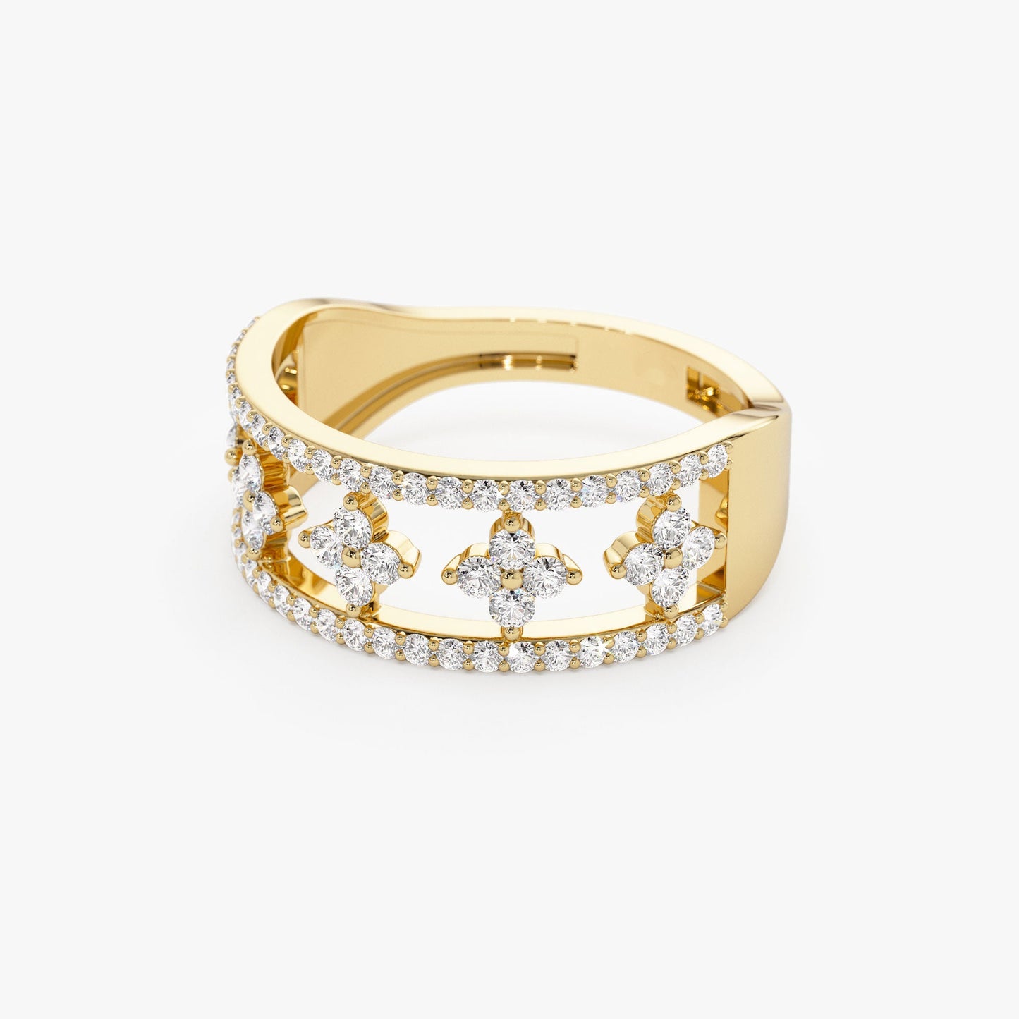 14k Double Row Pave Diamond Ring w/ Diamond Cluster Accents - Geum Jewels