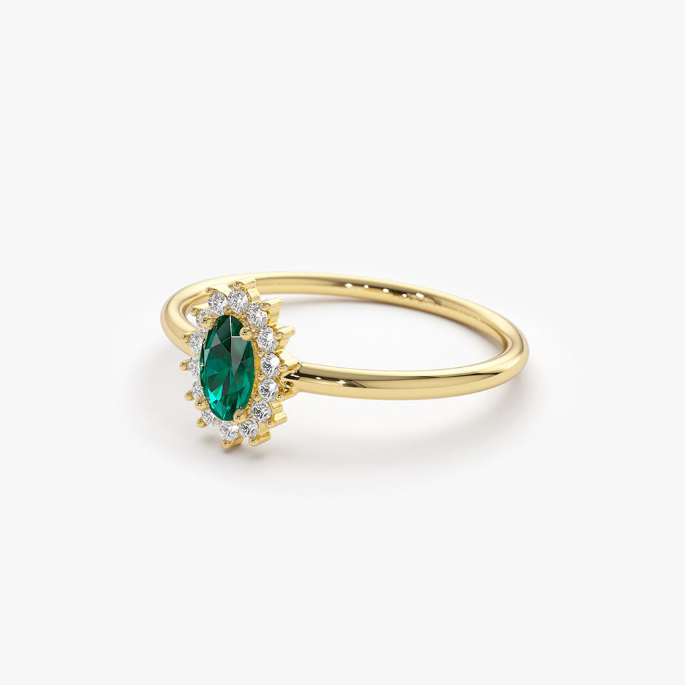 14k Emerald Ring with Halo Diamonds - Geum Jewels