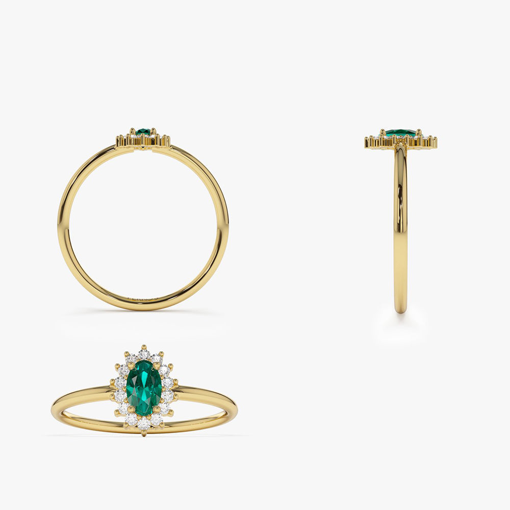14k Emerald Ring with Halo Diamonds - Geum Jewels