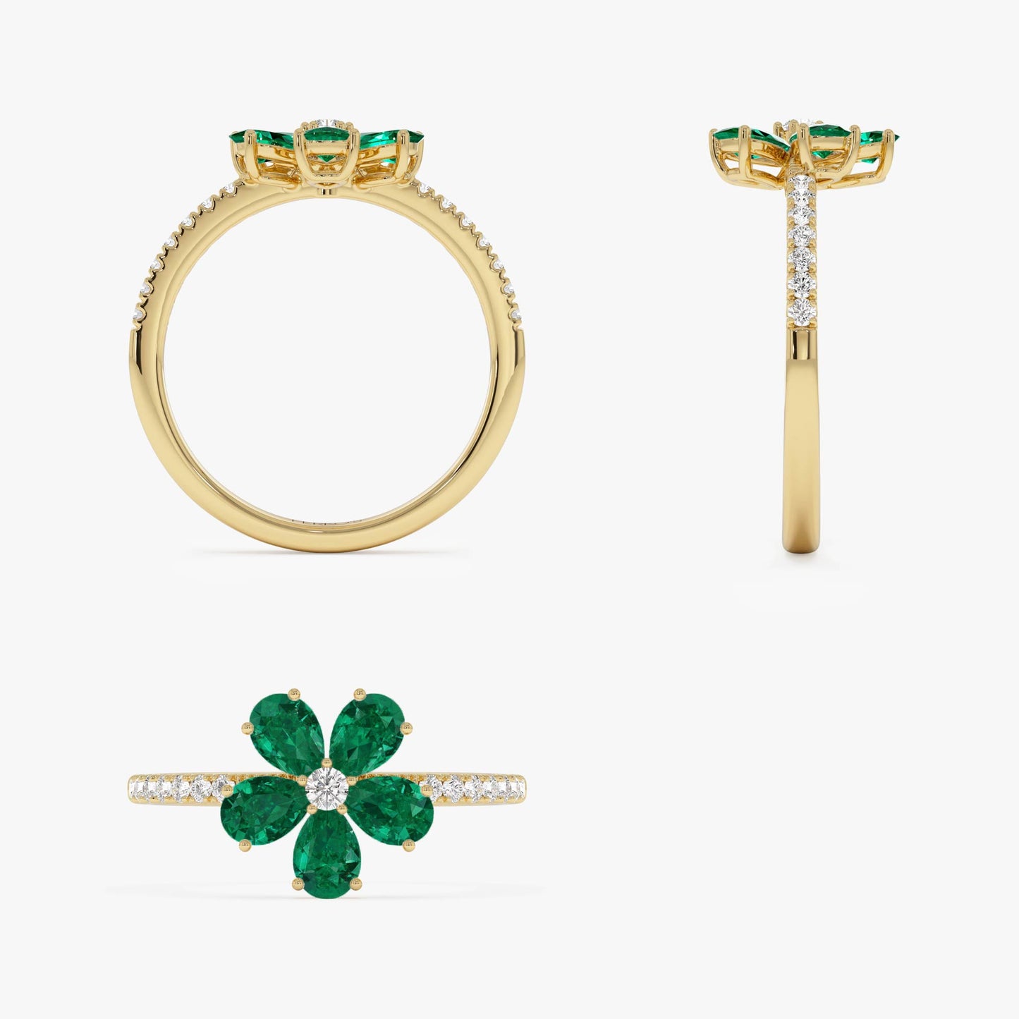 14K Five-Leaf Emerald and Diamond Ring