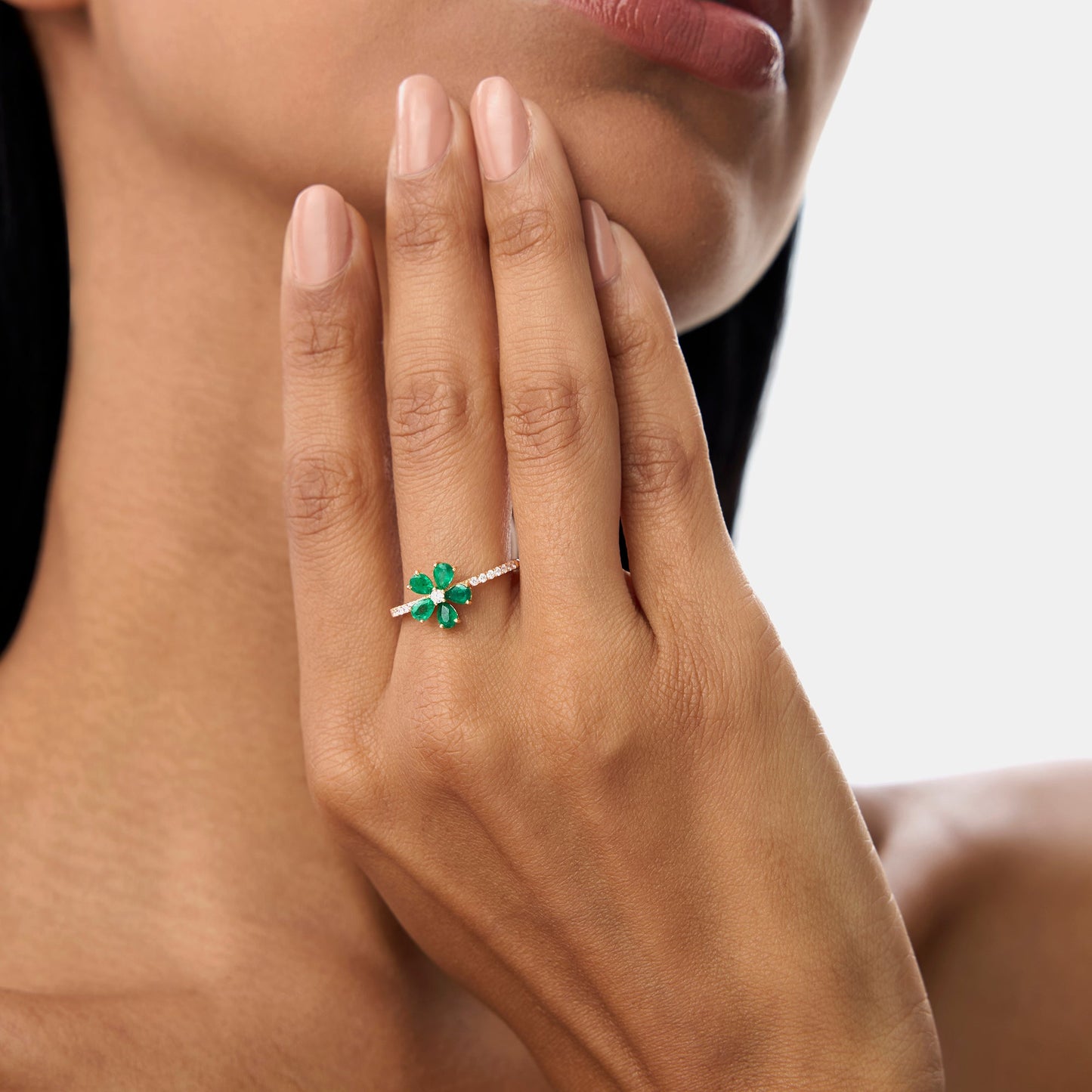 14K Five-Leaf Emerald and Diamond Ring