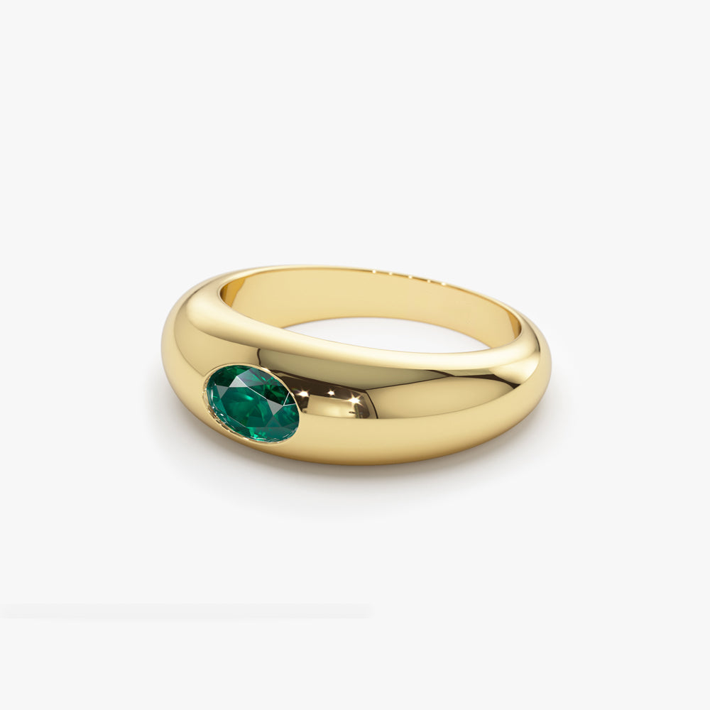 14k Flush Set Oval Emerald Dome Ring - Geum Jewels