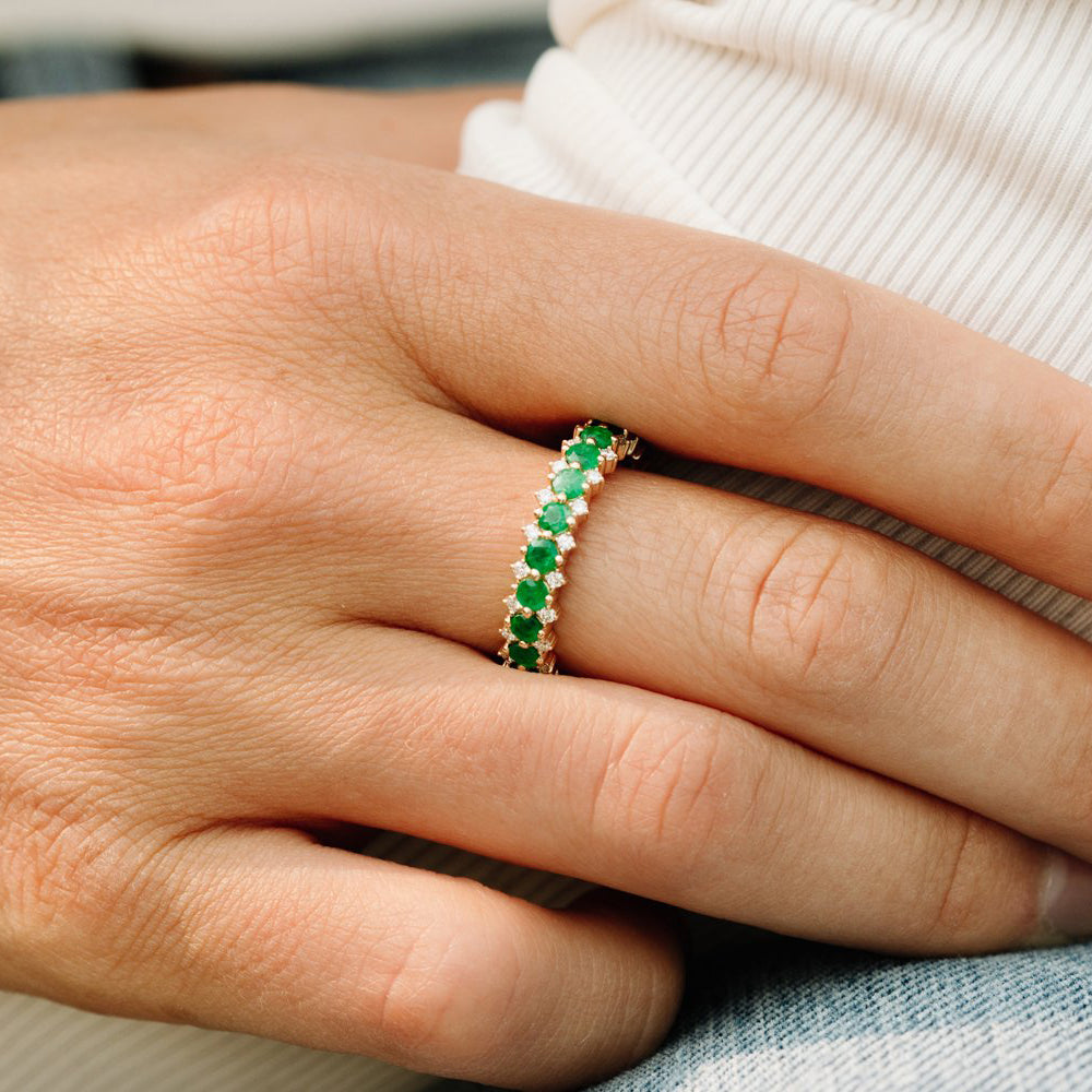 14k Full Eternity Round Emerald and Diamond Anniversary Ring
