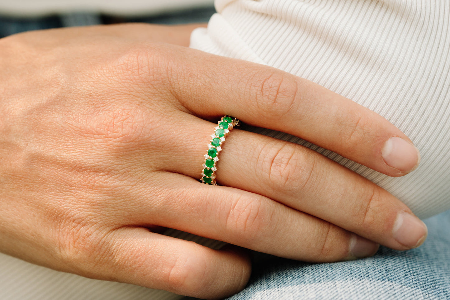 14k Full Eternity Round Emerald and Diamond Anniversary Ring
