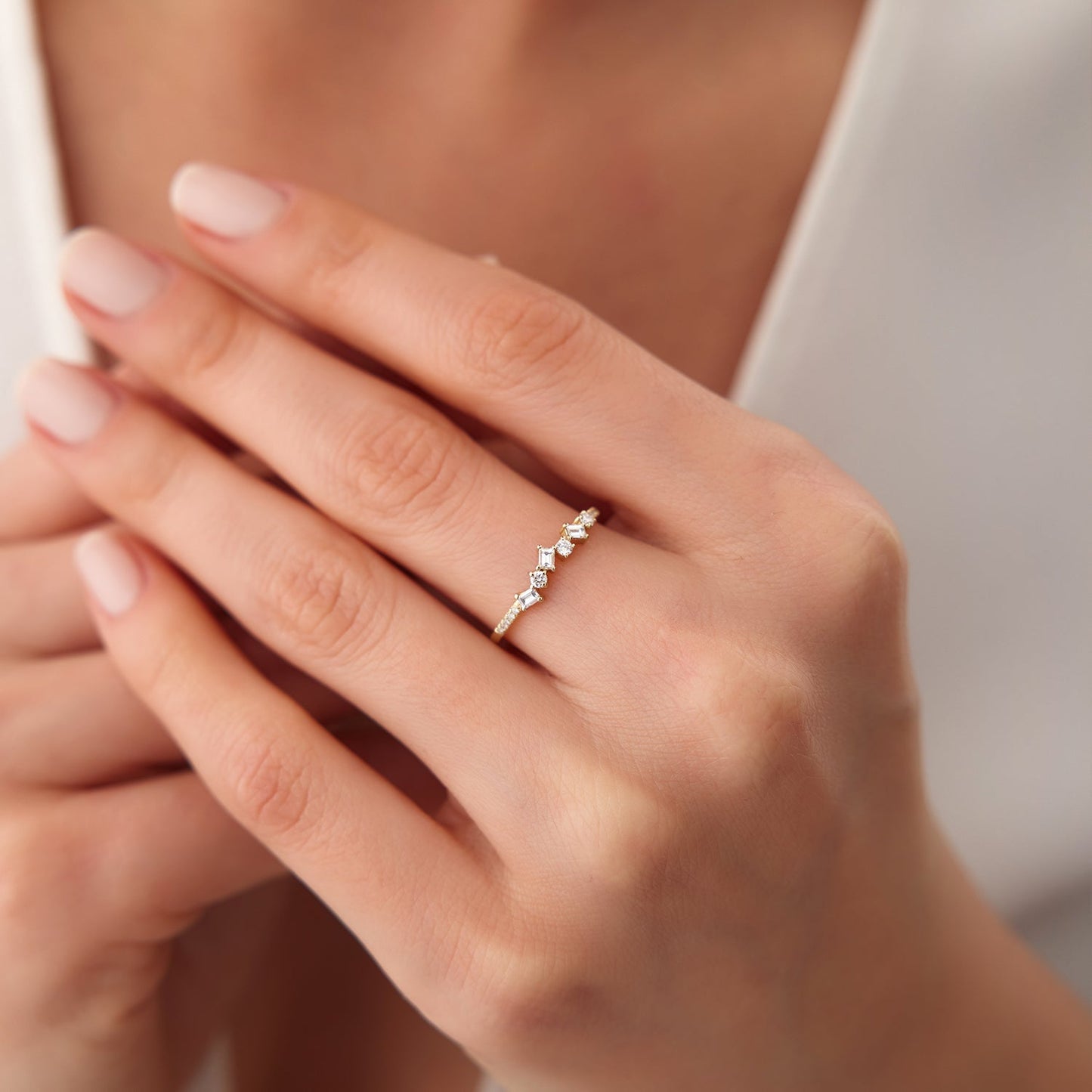 14K Gold Asymmetrical Baguette and Round Diamond Wedding Ring