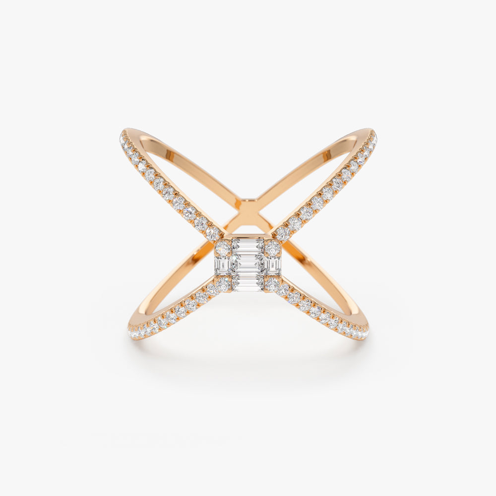 14k Gold Baguette and Round Diamond Illusion Setting Statement Ring - Geum Jewels