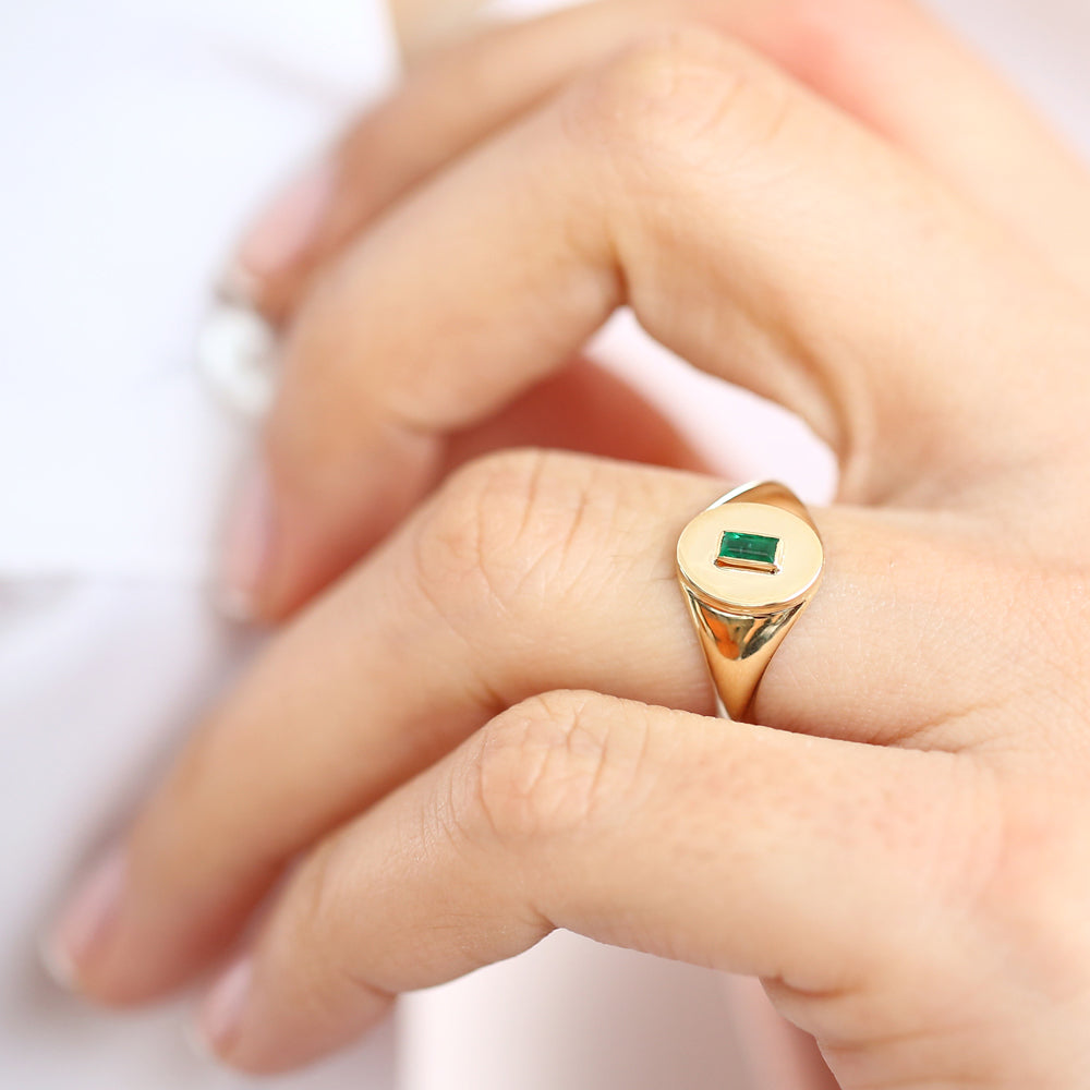 14k Gold Baguette Emerald Signet Ring