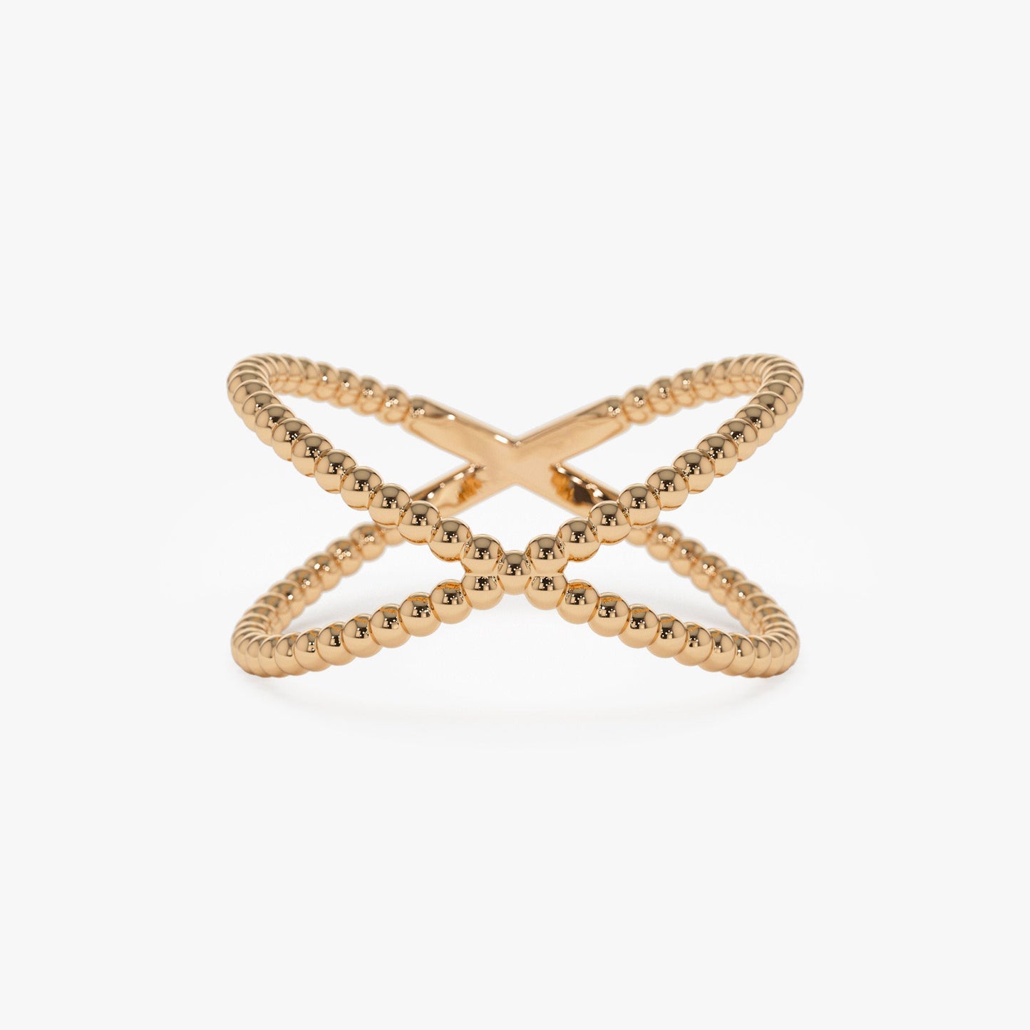 14K Gold Beaded Band Criss Cross Statement Ring - Geum Jewels