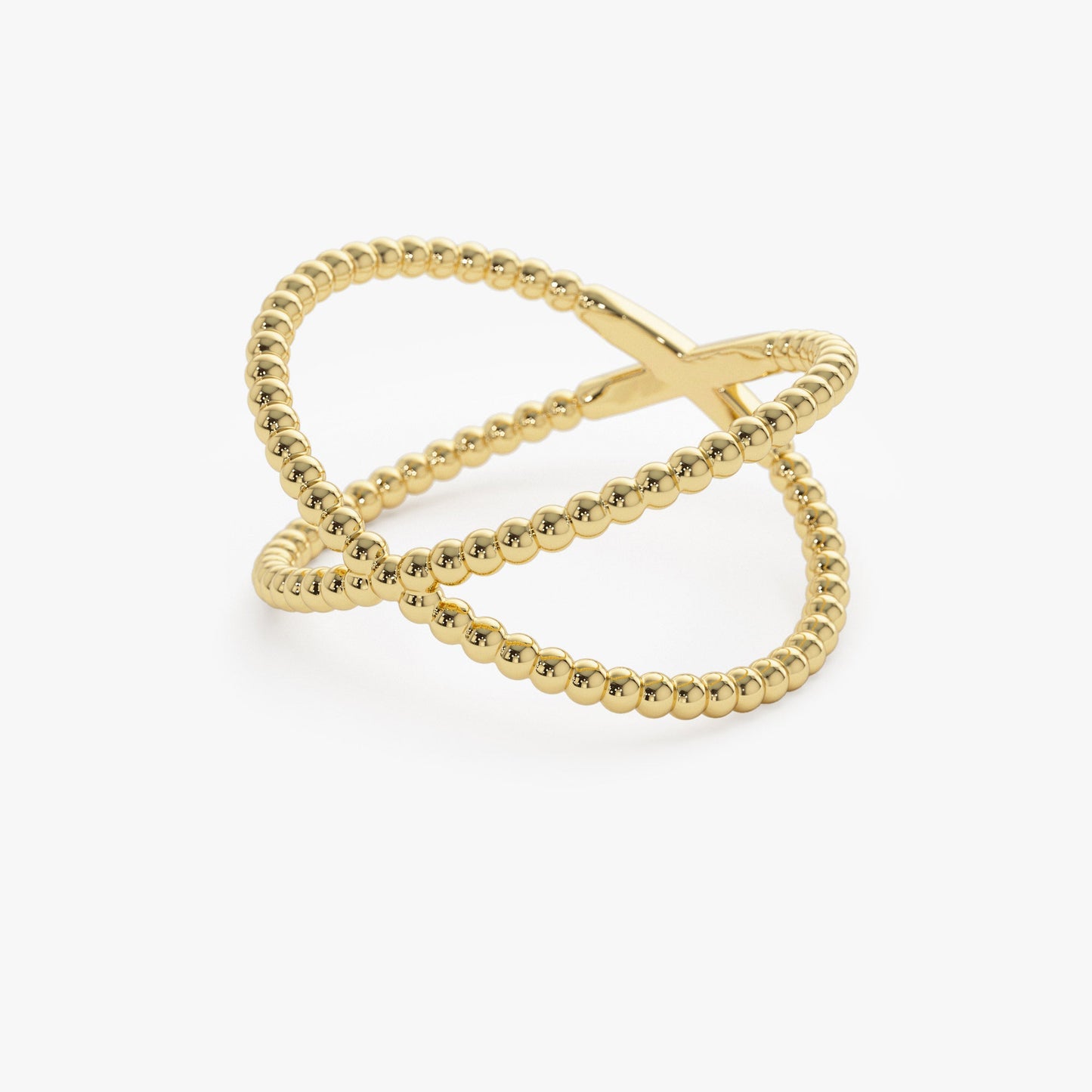 14K Gold Beaded Band Criss Cross Statement Ring - Geum Jewels