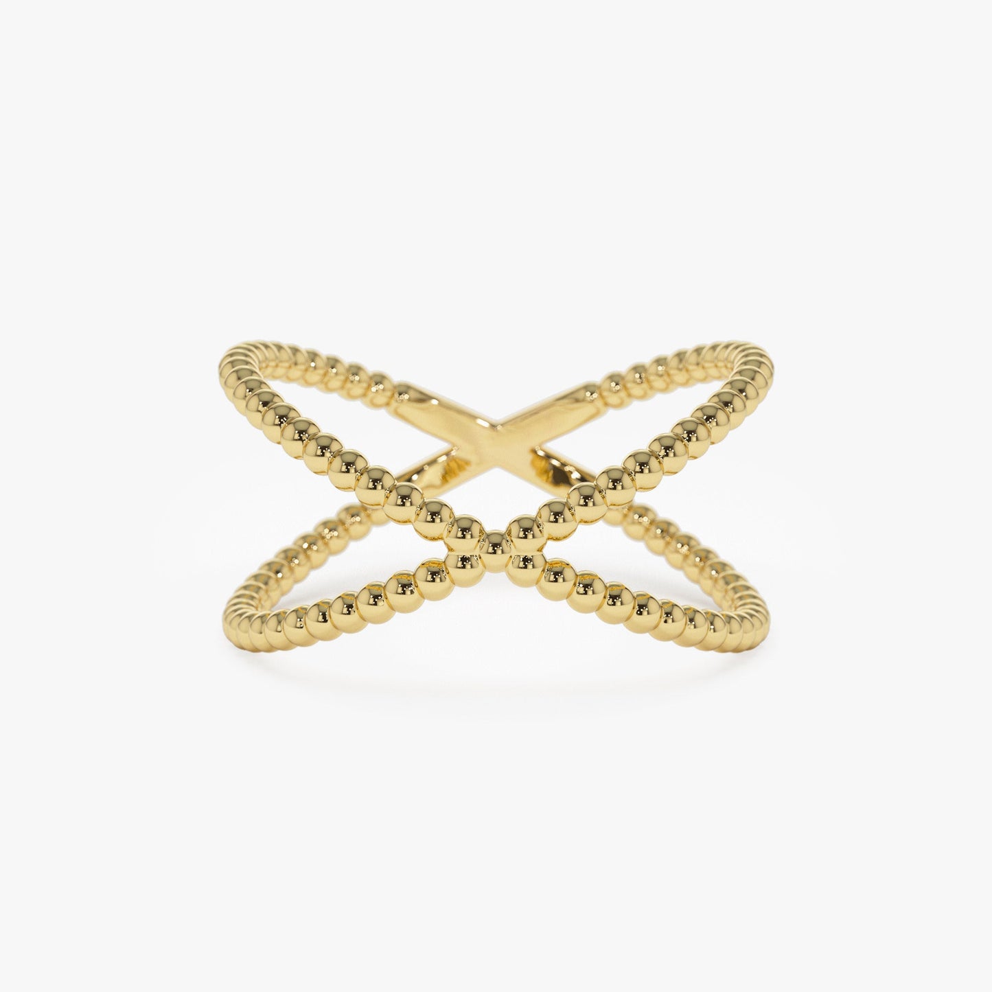 14K Gold Beaded Band Criss Cross Statement Ring - Geum Jewels