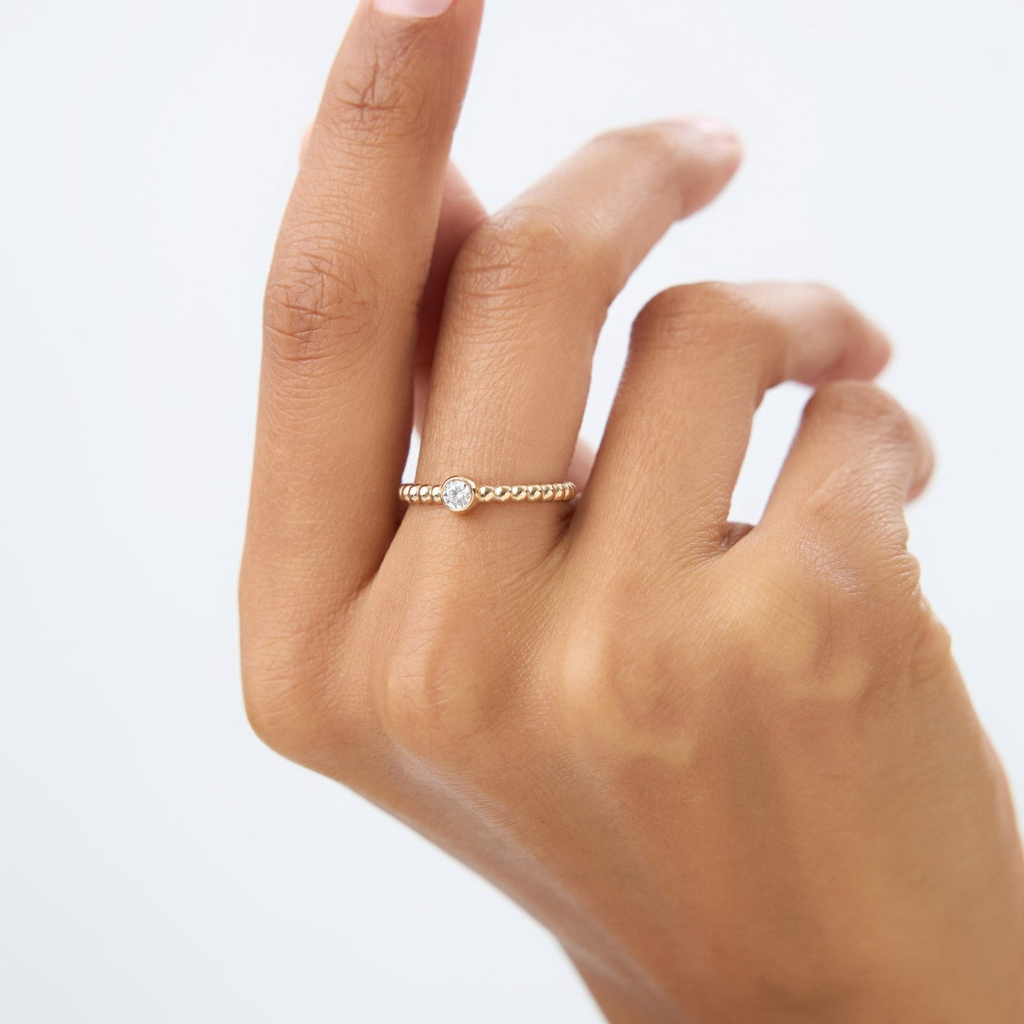 14K Gold Beaded Solitaire Diamond Bezel Ring