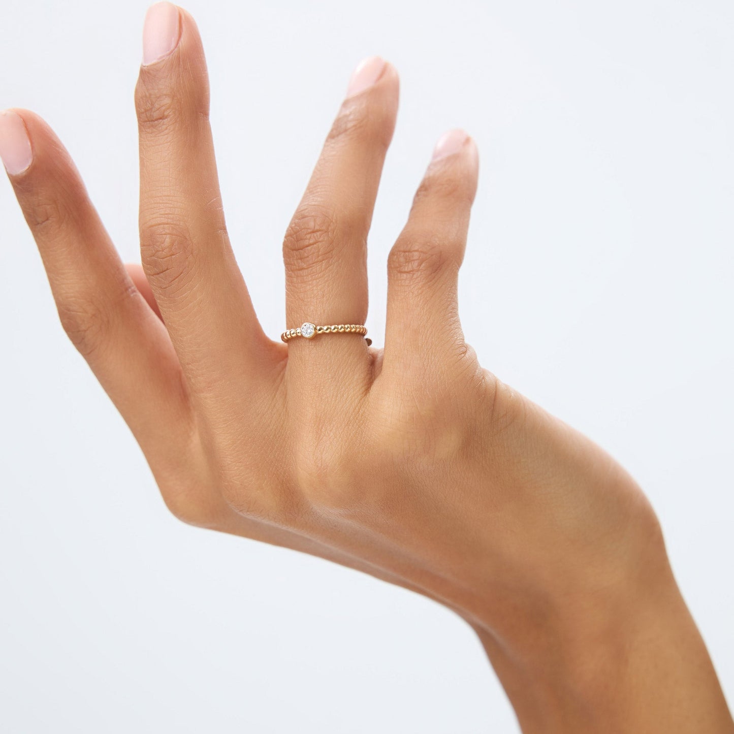14K Gold Beaded Solitaire Diamond Bezel Ring