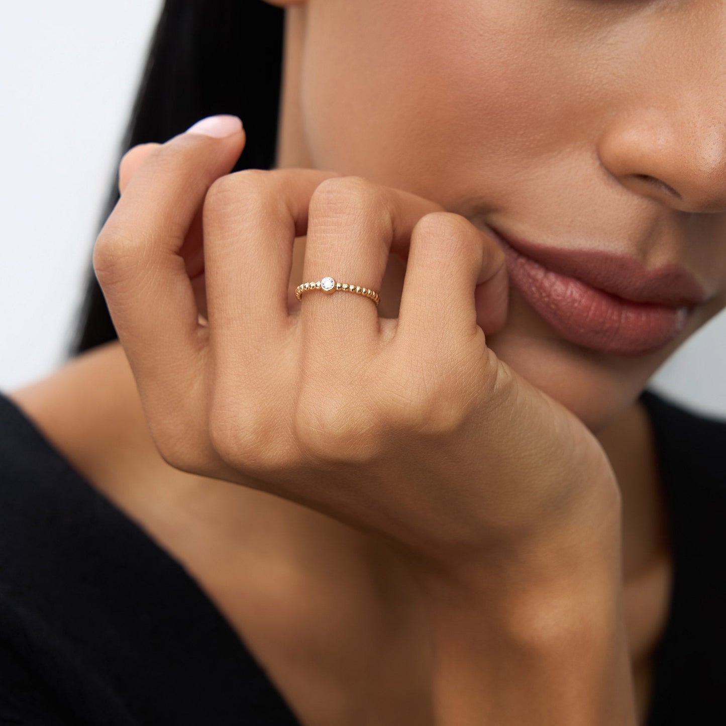 14K Gold Beaded Solitaire Diamond Bezel Ring
