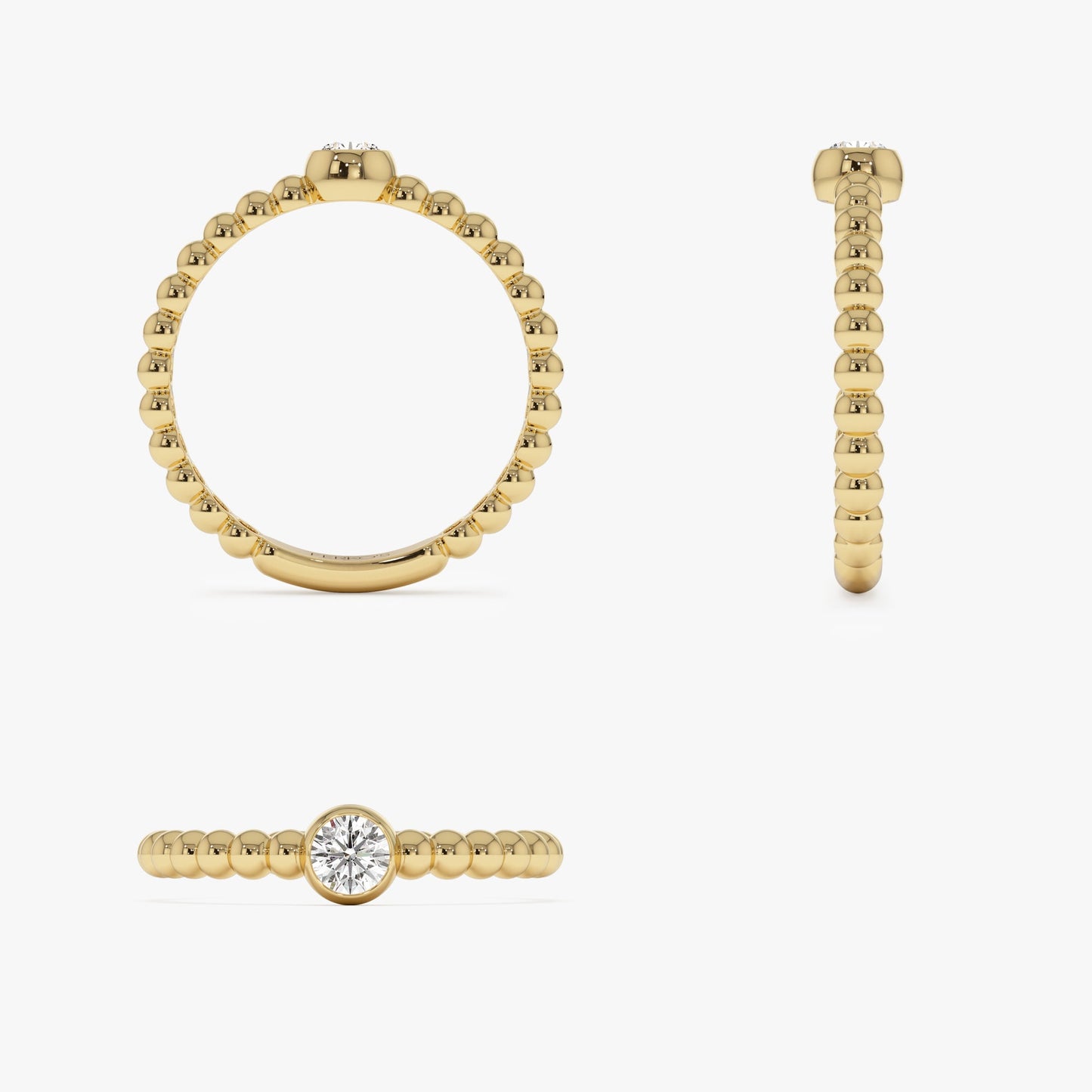 14K Gold Beaded Solitaire Diamond Bezel Ring