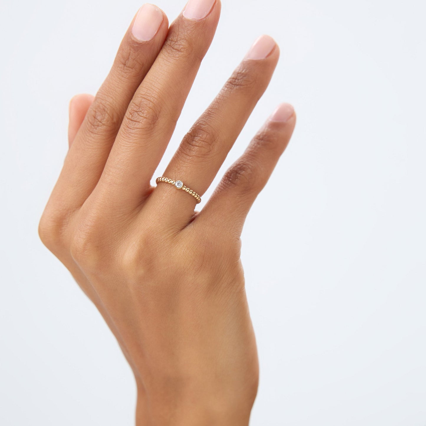 14K Gold Beaded Solitaire Diamond Bezel Ring