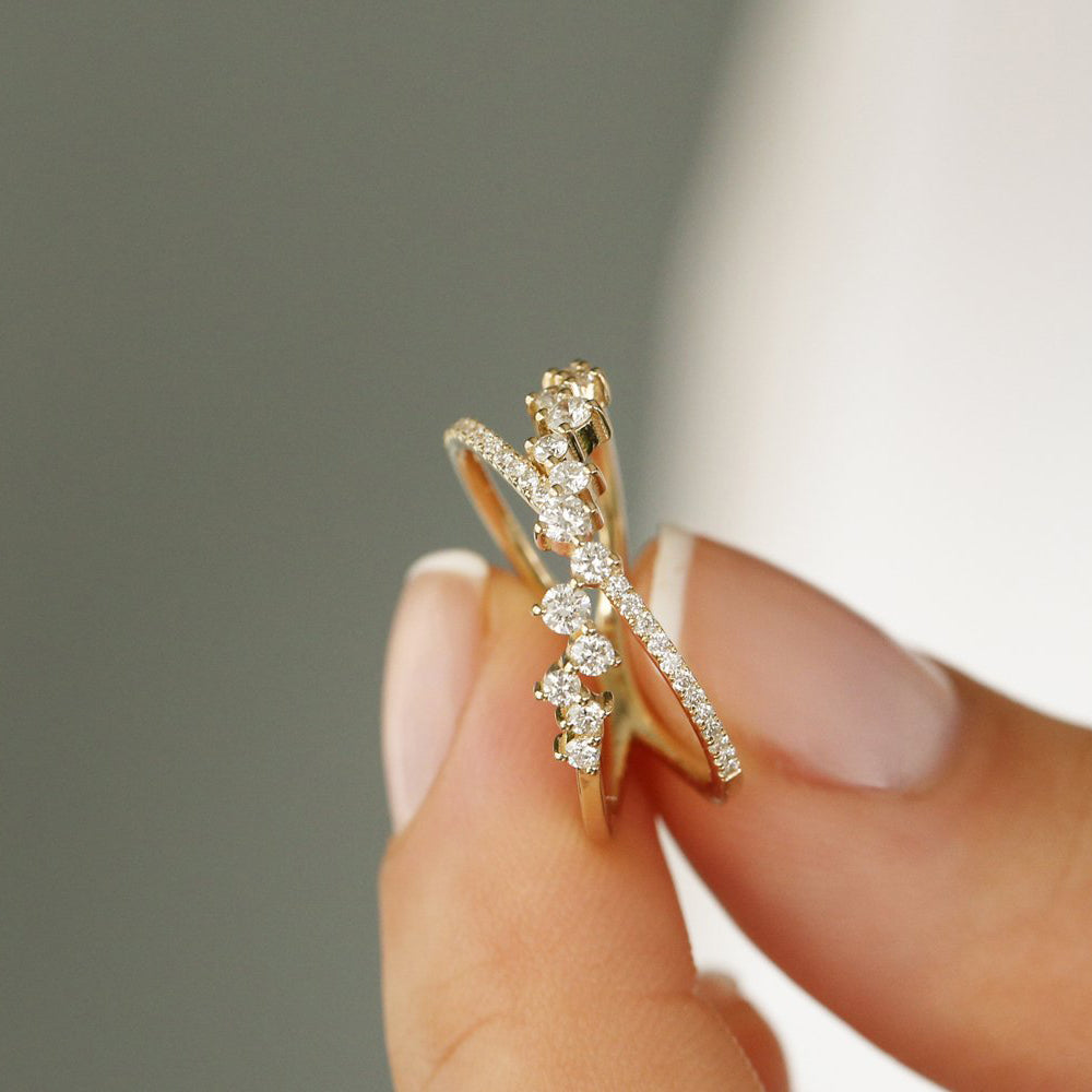 14k Gold Criss Cross Diamond Cluster Ring