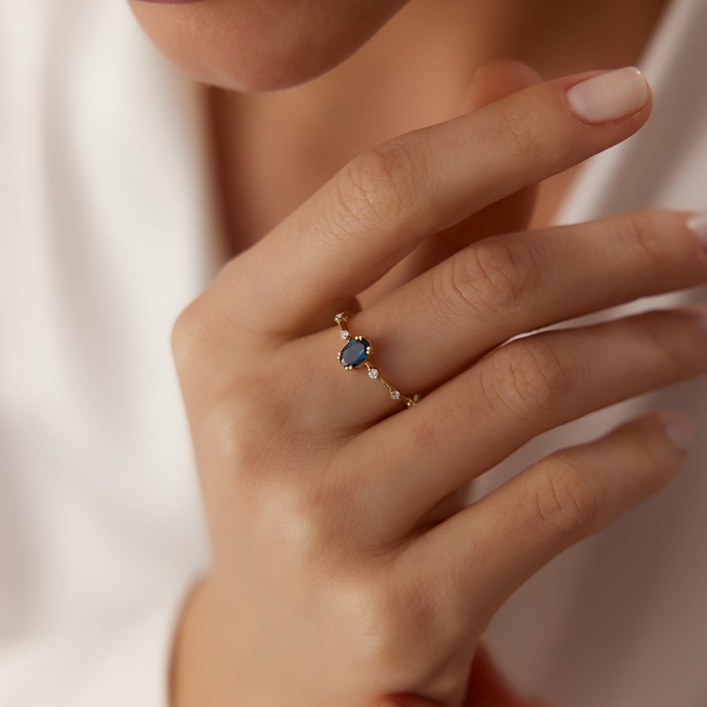 14k Gold Dainty Diamond Genuine Sapphire Ring
